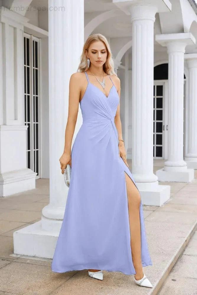 Ladies Chiffon Spaghetti Strap V Neck Front Slit Floor Length Bridesmaid Evening Dress Prom Party Wedding Evening Dress 28116 (ZD17012)