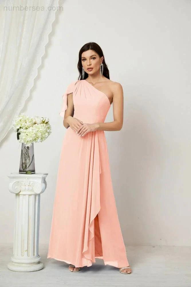 ZapDress  Chiffon Ruffled One Shoulder Long Bridesmaid Dresses A-line Formal Evening Gown Side Split 2809 (ZD17049)