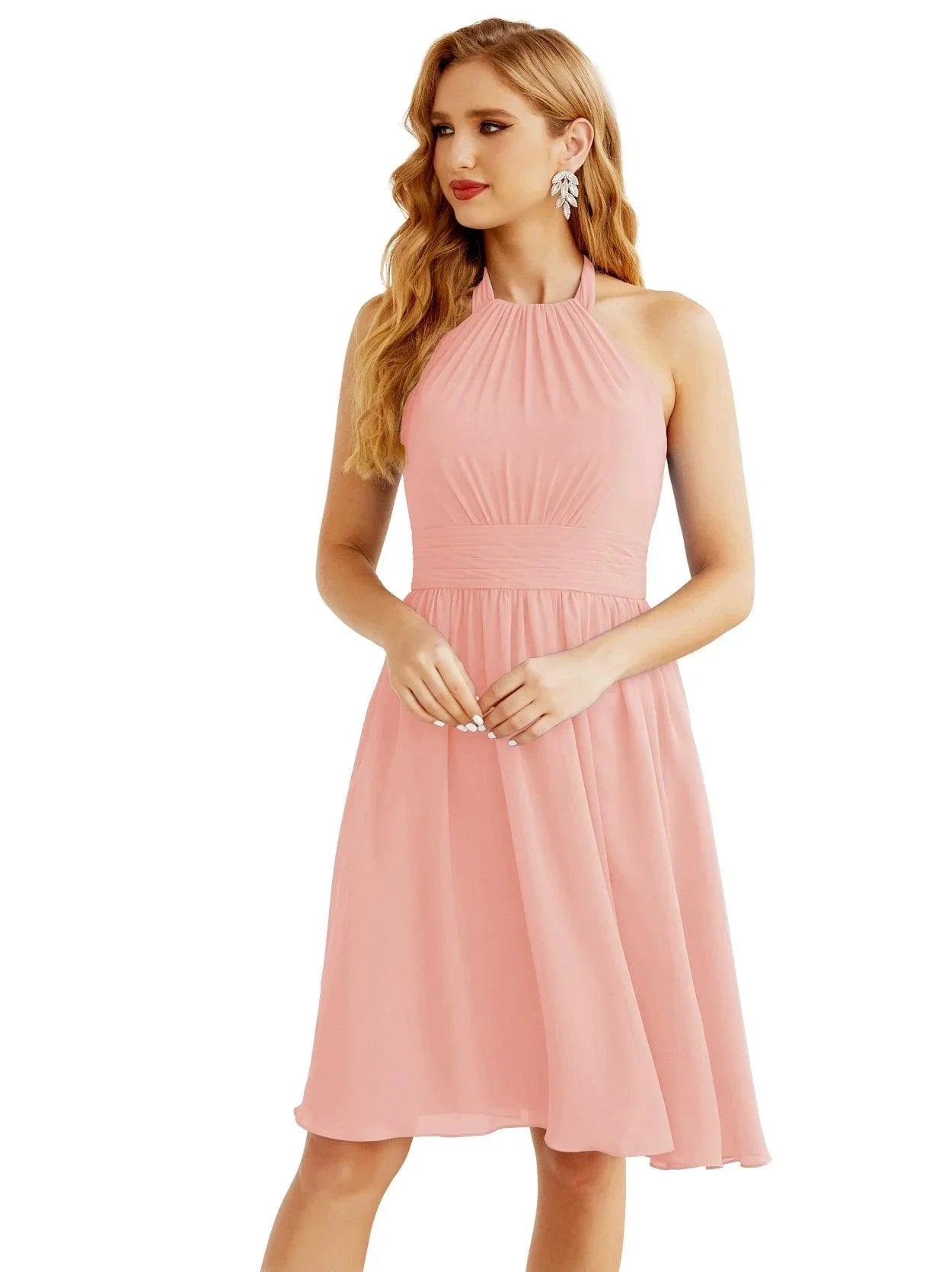 Numbersea Halter Chiffon Bridesmaid Dresses Short Sleeveless Formal Party Dress Open Back 28023 by numbersea