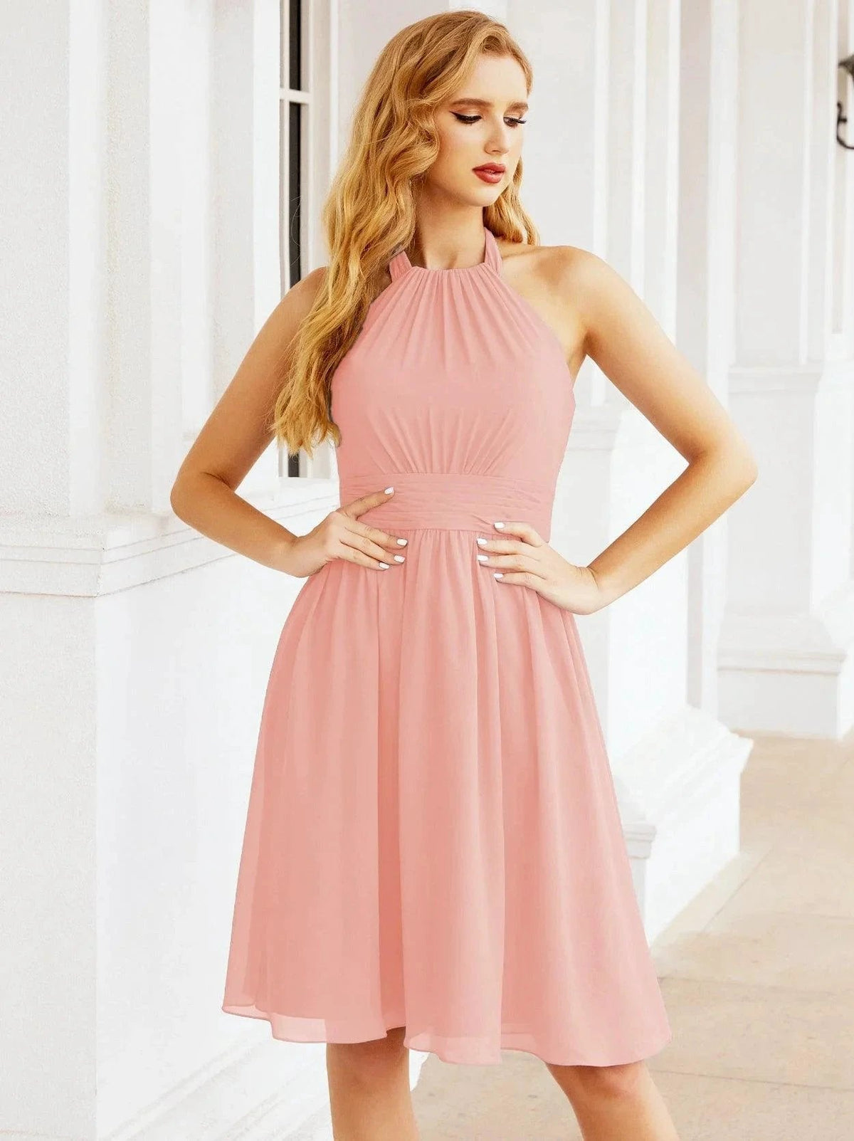ZapDress Halter Chiffon Bridesmaid Dresses Short Sleeveless Formal Party Dress Open Back 28023 (ZD16957)
