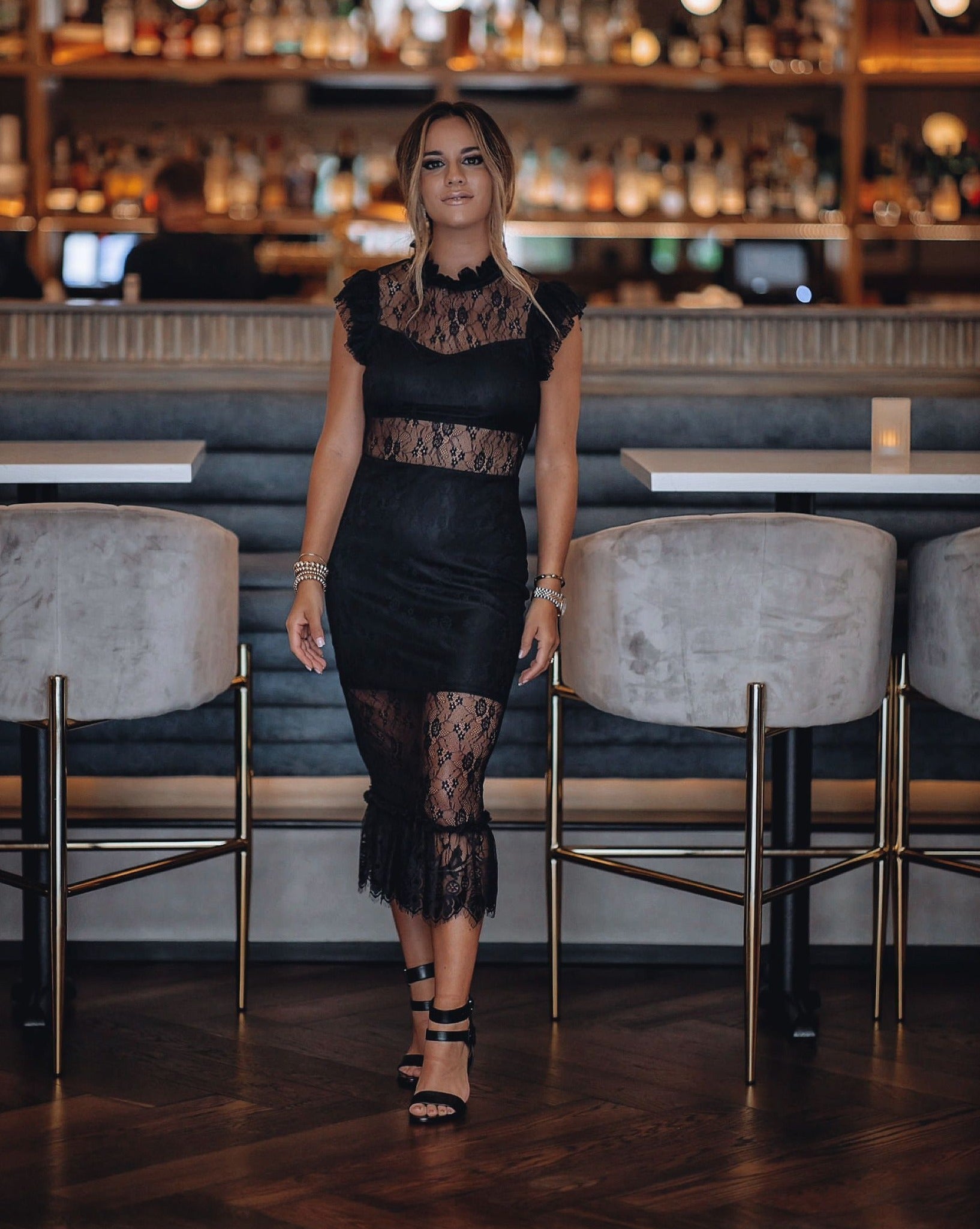 PREORDER Saige Sheer Lace Midi Dress Black