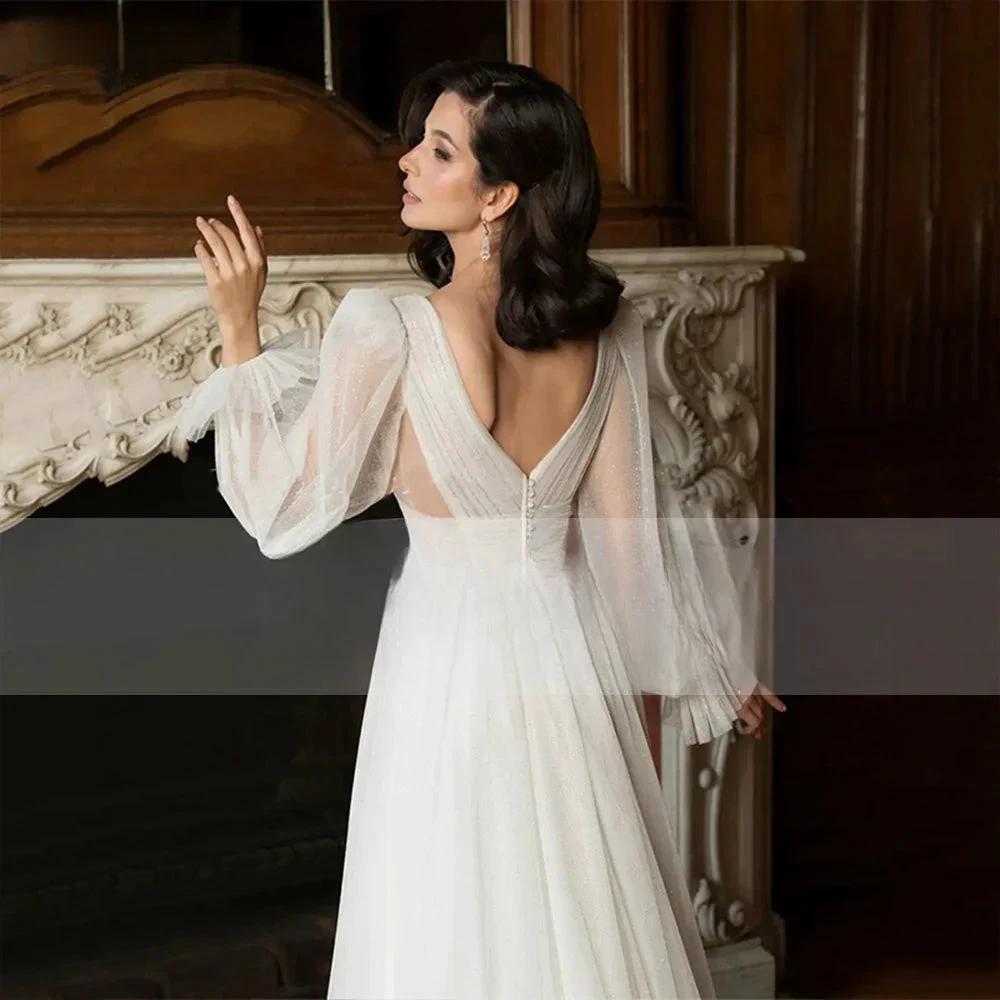 Elegant Glitter Tulle Deep V-Neck Wedding Dresses Princess Shiny Lantern Sleeves Backless A-Line Pleated Bridal Gowns (ZD13339)