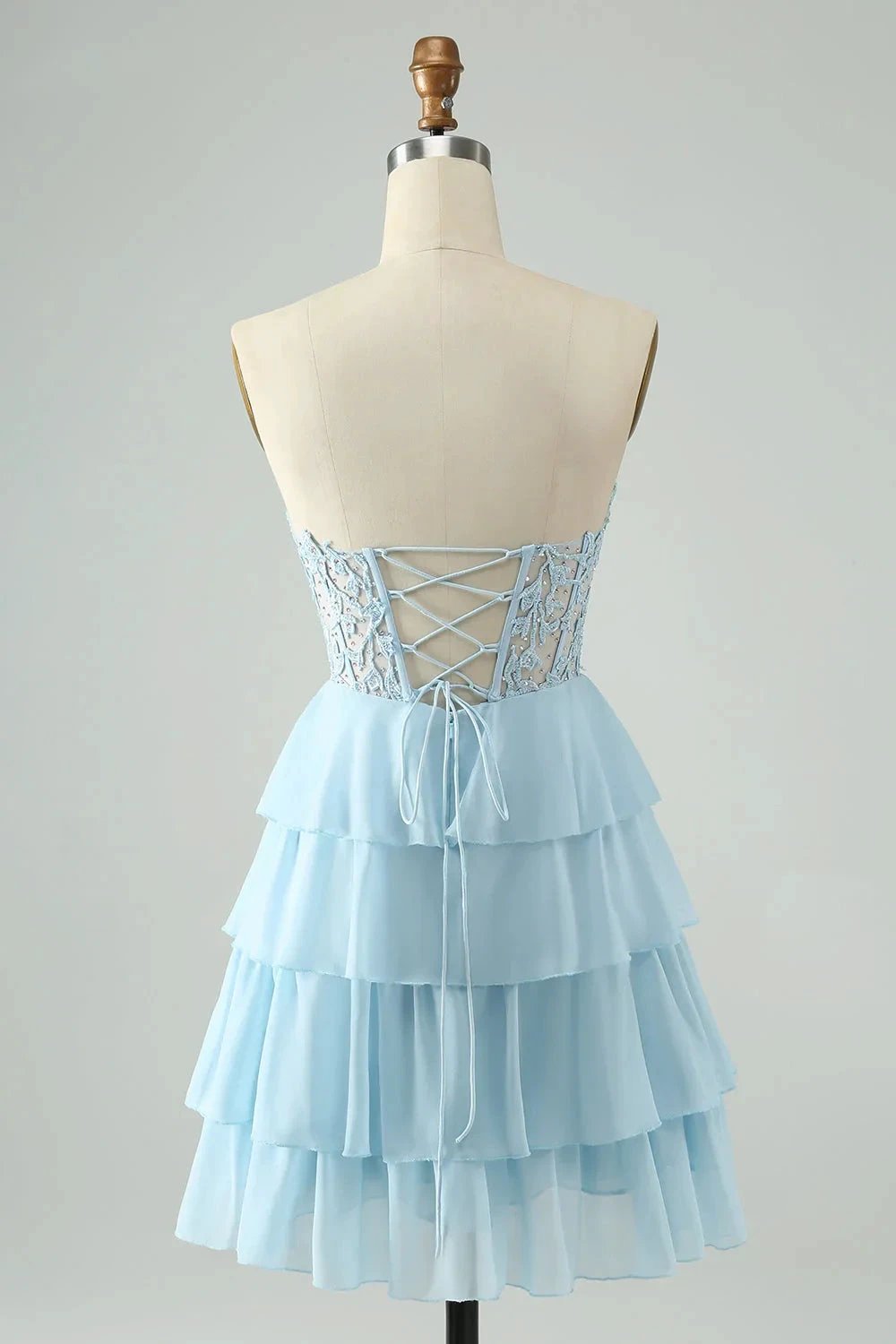 A Line Sweetheart Tiered Light Blue Short Homecoming Dress with Appliques (ZD11594)