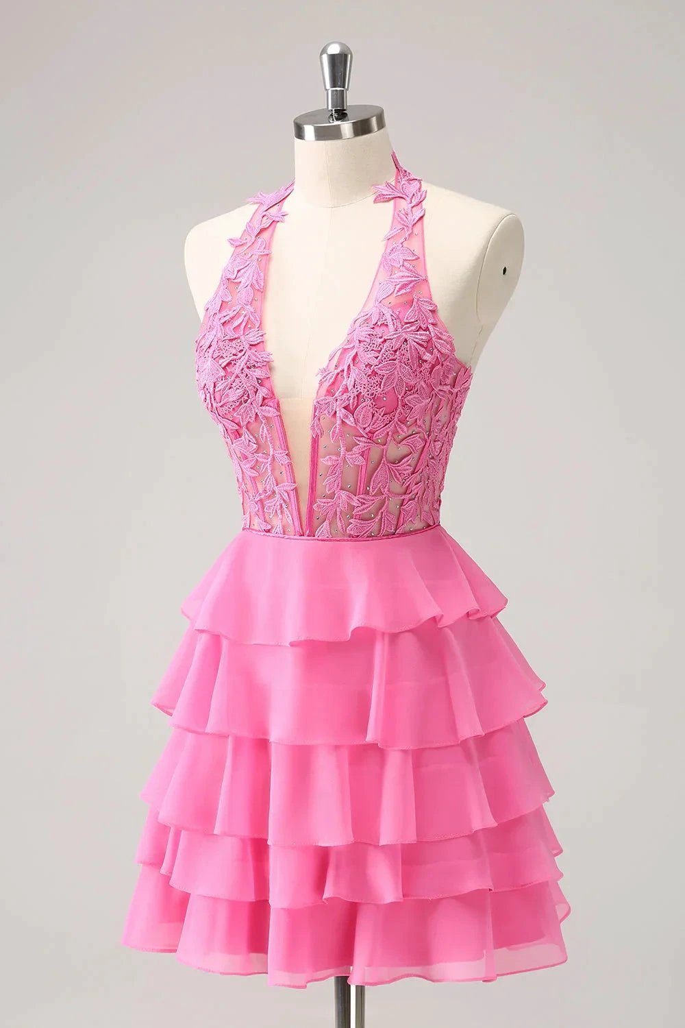 Cute Hot Pink A Line Strapless Tiered Corset Ruffle Homecoming Dress with Beading (ZD11455)