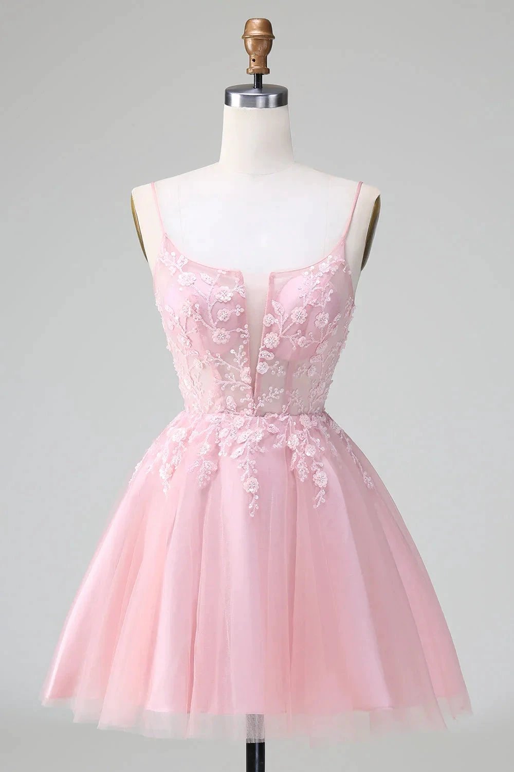 Cute Blush A Line Spaghetti Straps Corset Short Homecoming Dress with Appliques by WEDTREND