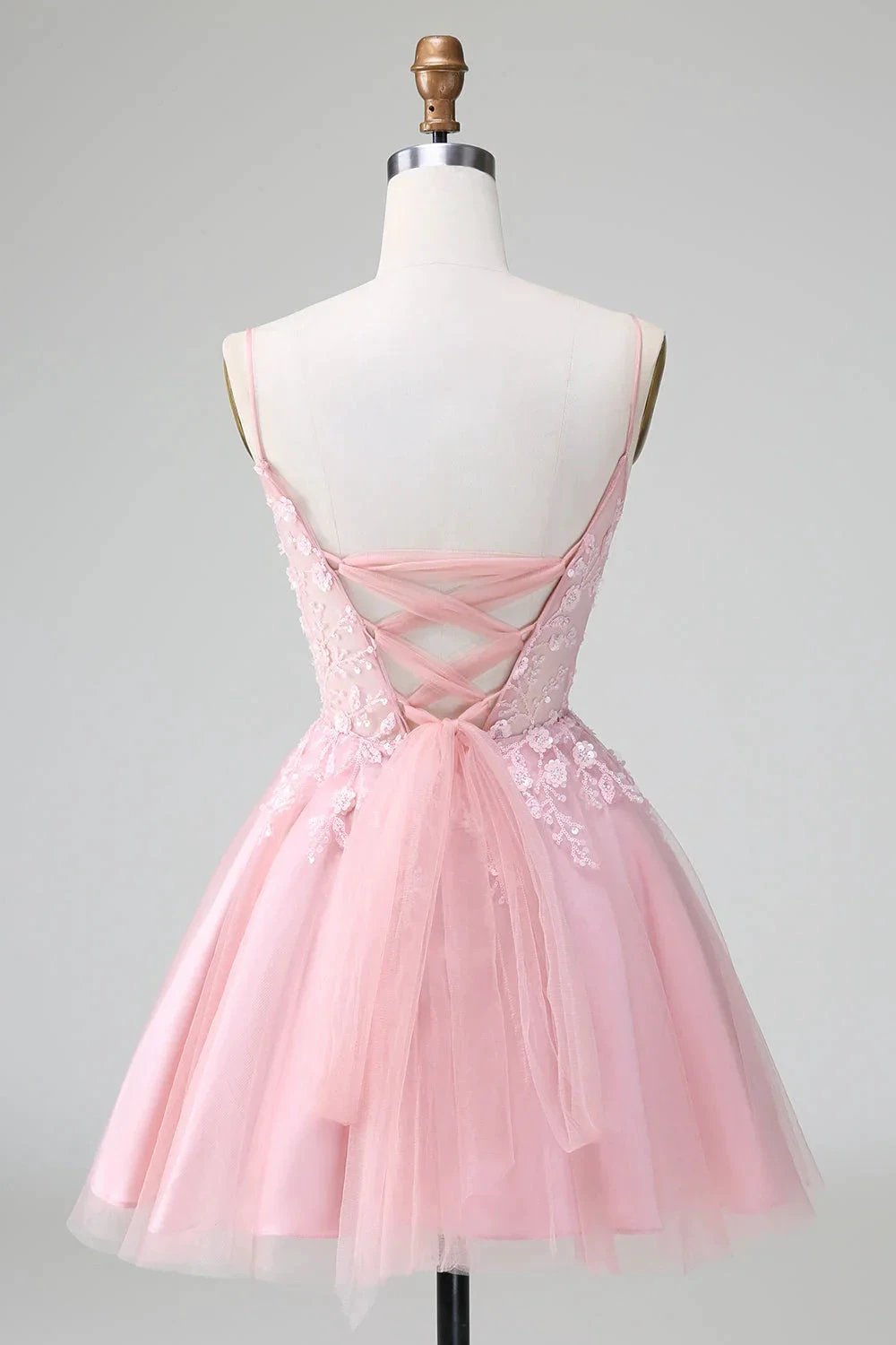 Cute Blush A Line Spaghetti Straps Corset Short Homecoming Dress with Appliques (ZD11474)