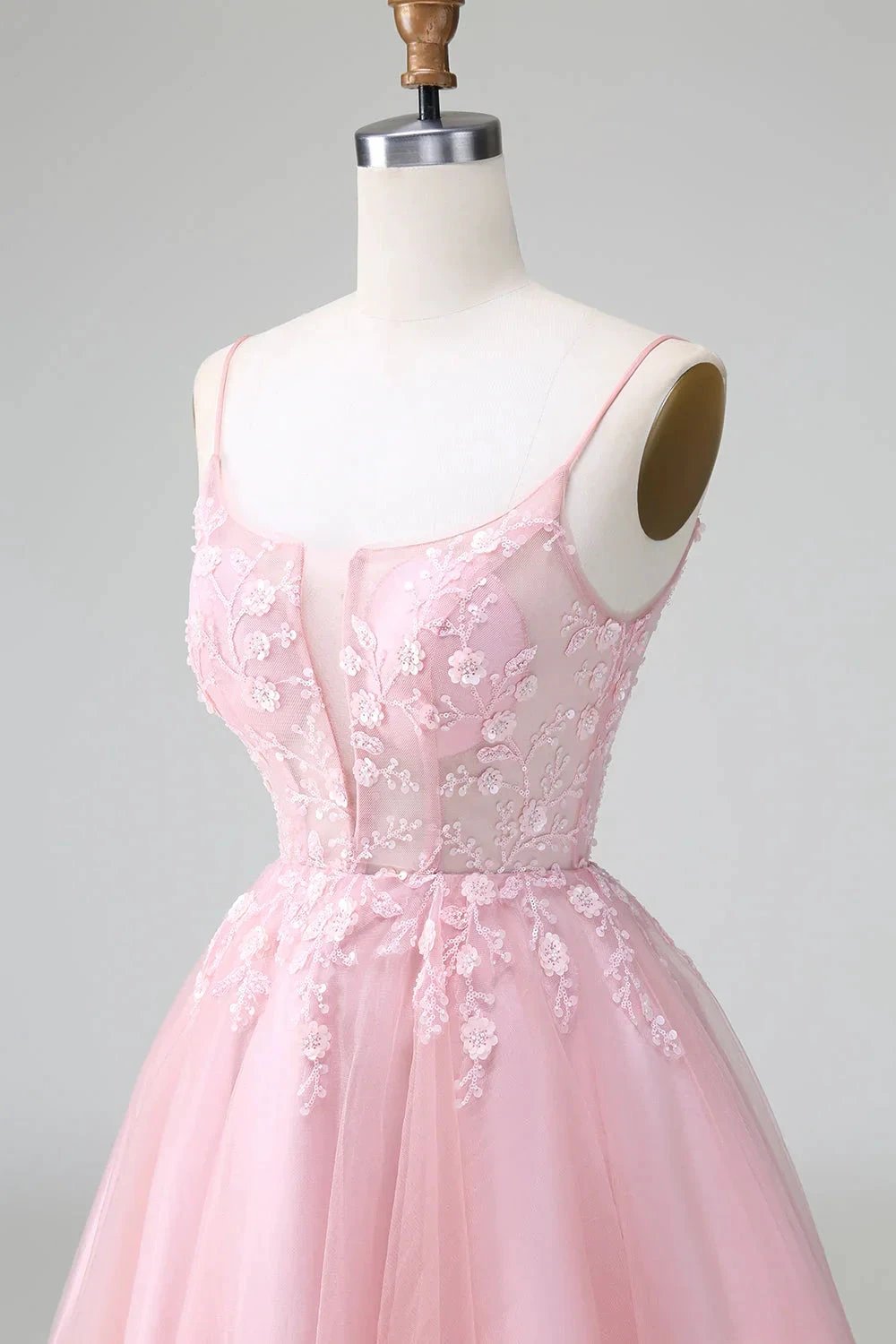 Cute Blush A Line Spaghetti Straps Corset Short Homecoming Dress with Appliques (ZD11474)