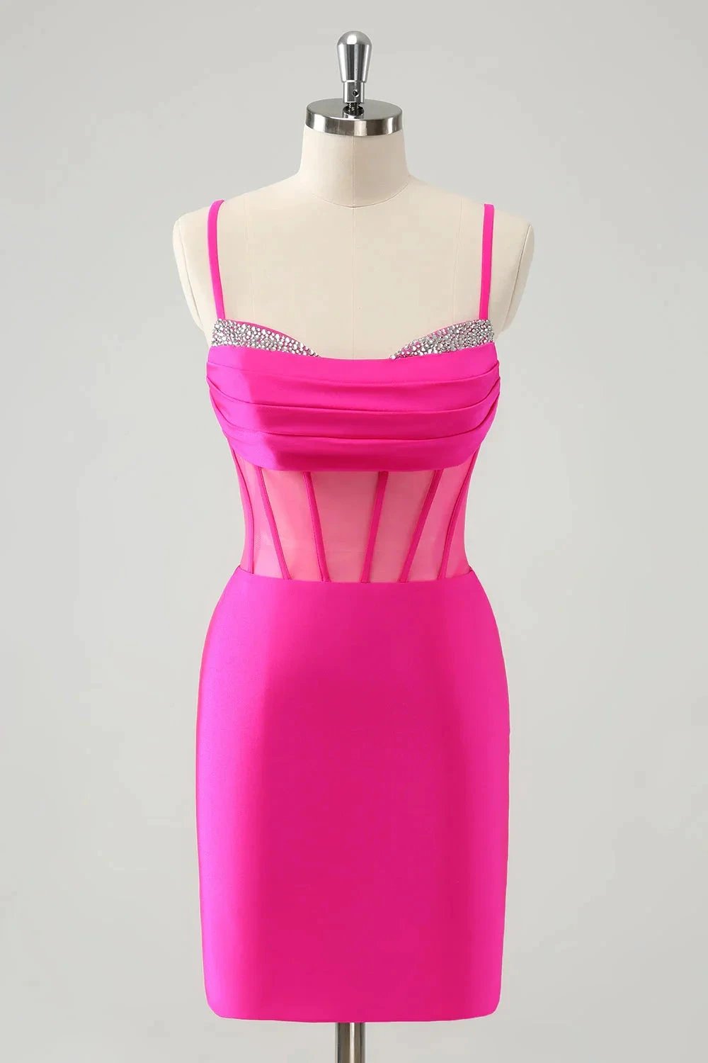 Chic Fuchsia Bodycon Pleated Corset Short Homecoming Dress with Beading by WEDTREND