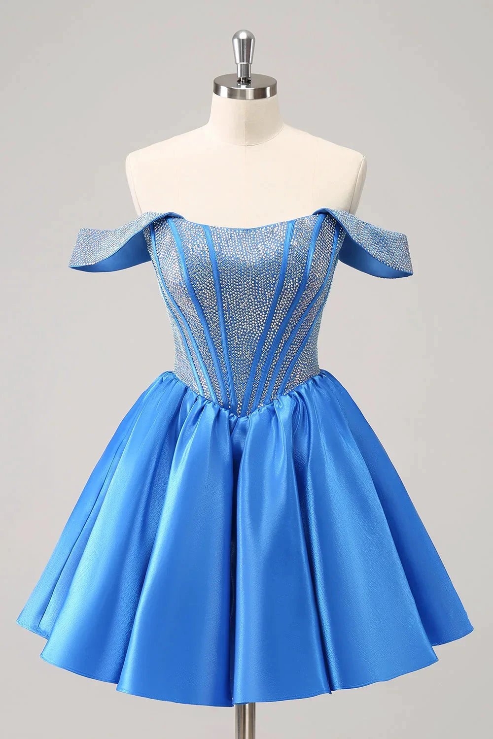 Cute Blue A Line Off The Shoulder Corset Homecoming Dress with Beading by WEDTREND
