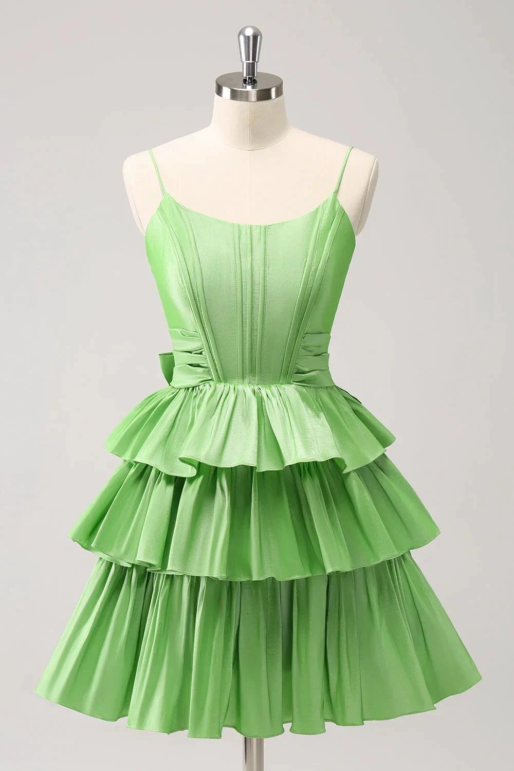 Cute Green A Line Spaghetti Straps Corset Tiered Ruffle Homecoming Dress with Bow by WEDTREND