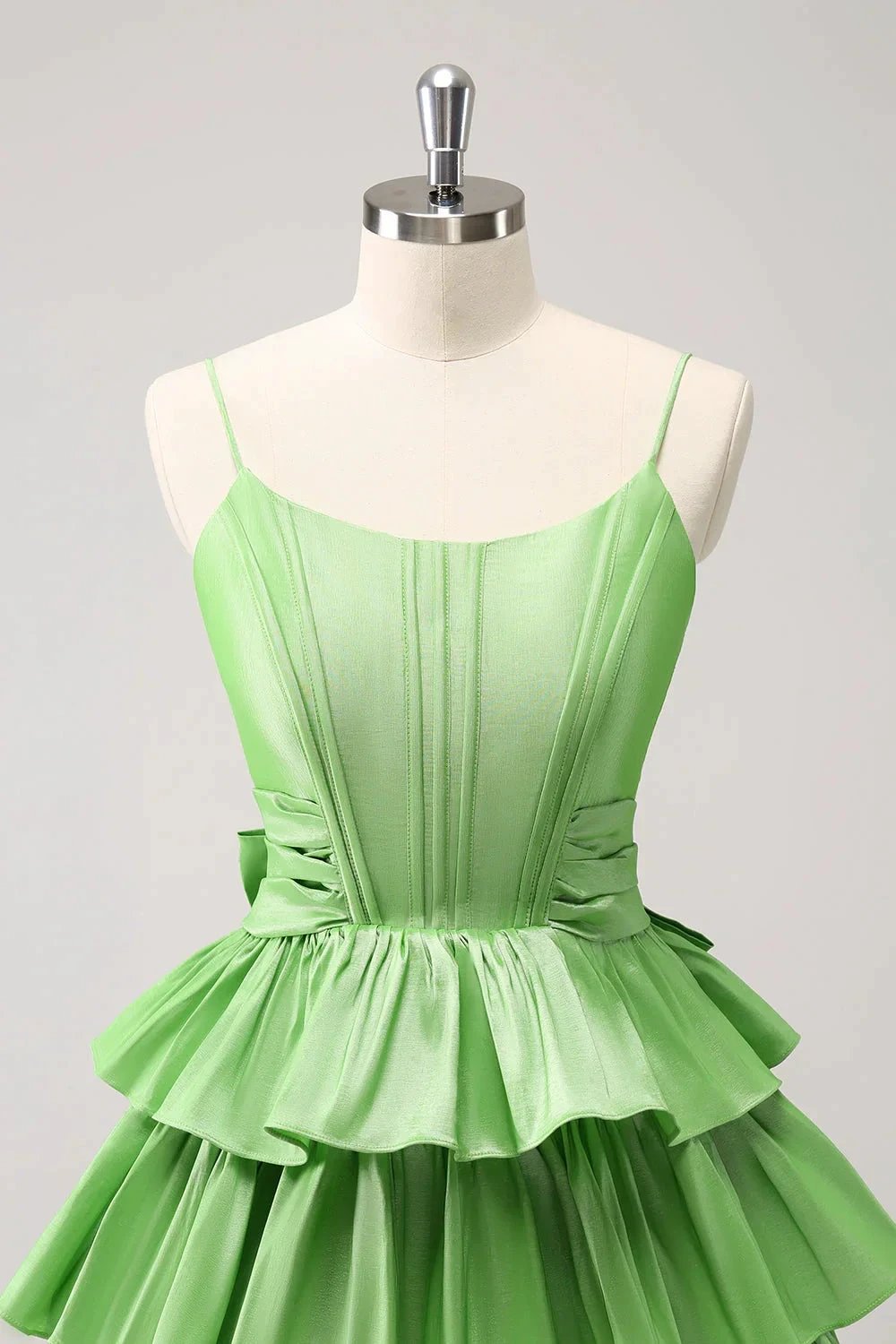 Cute Green A Line Spaghetti Straps Corset Tiered Ruffle Homecoming Dress with Bow (ZD11463)