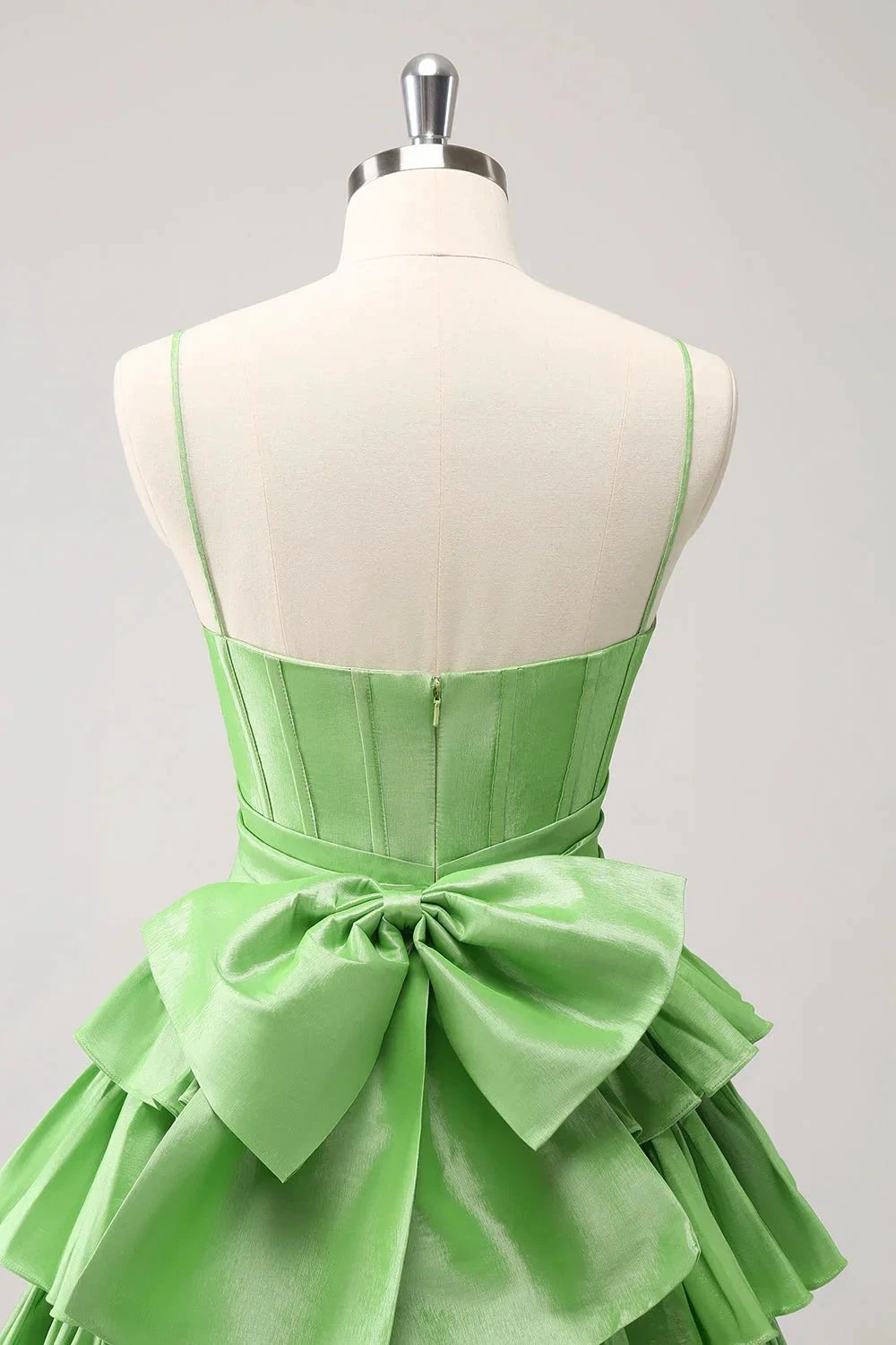 Cute Green A Line Spaghetti Straps Corset Tiered Ruffle Homecoming Dress with Bow (ZD11463)