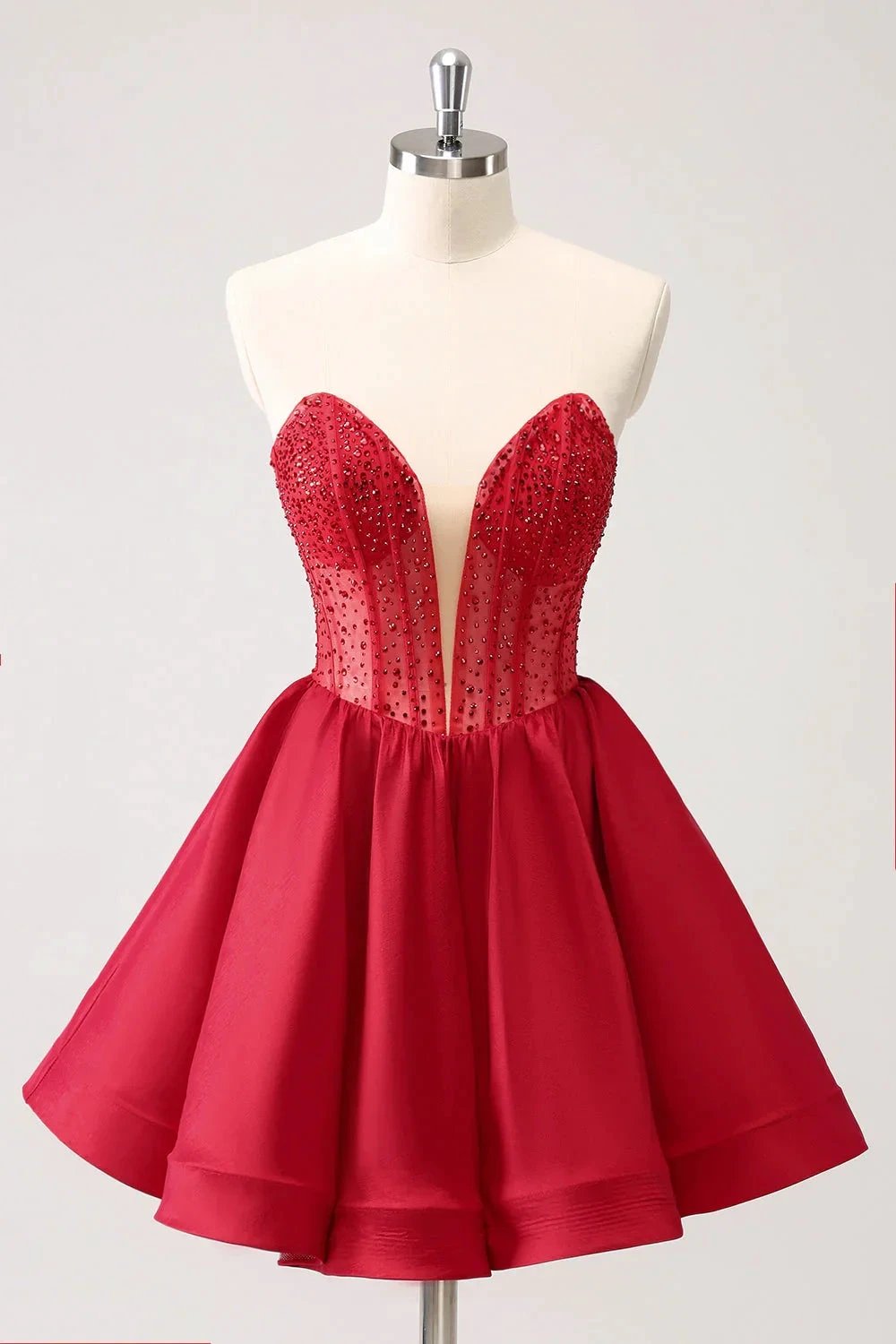 Cute Red A Line Strapless Corset Short Ruffle Homecoming Dress with Beading (ZD11434)