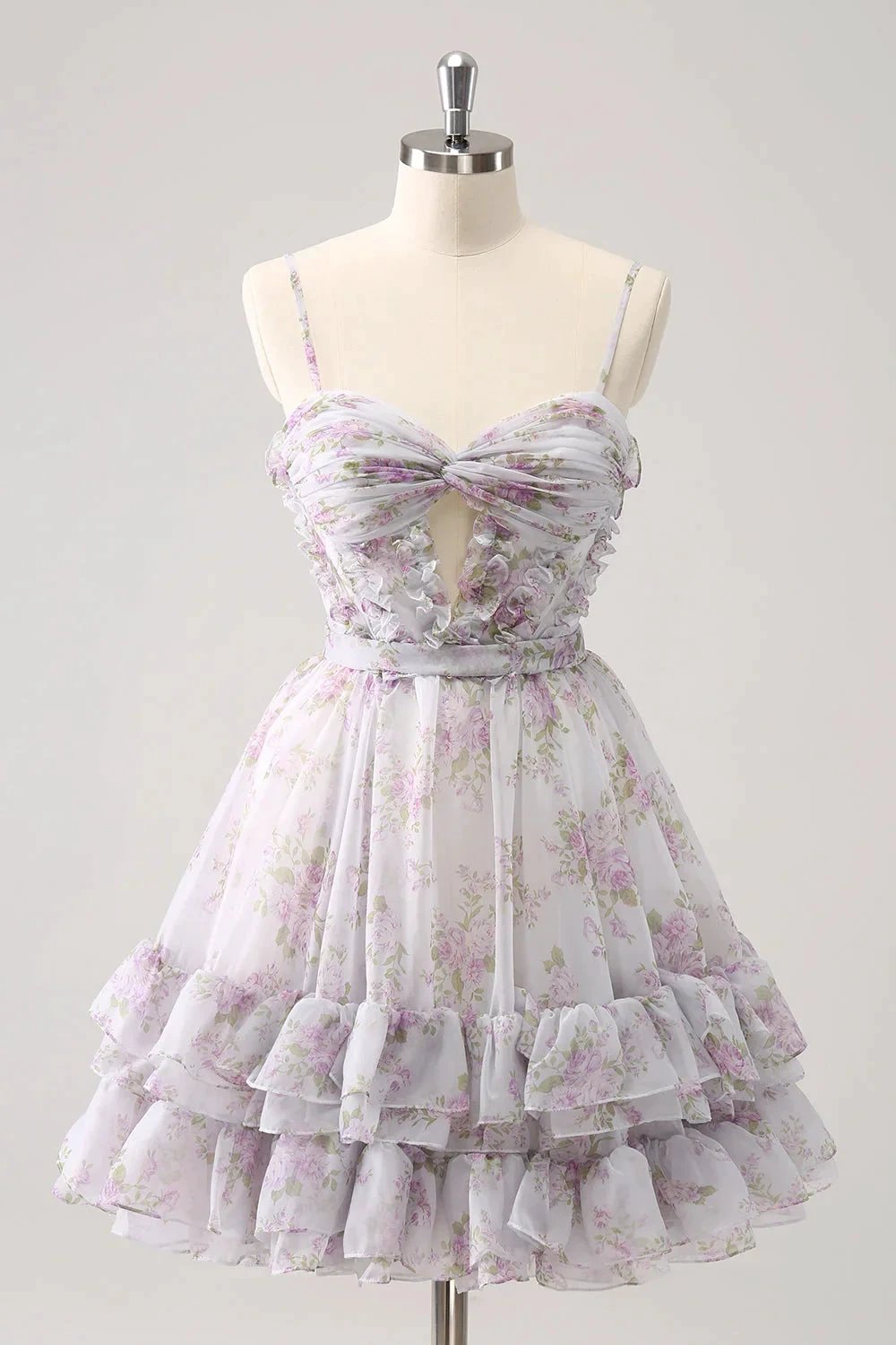 Cute Lilac A Line Cut Out Tiered Print Floral Homecoming Dress with Ruffles by WEDTREND