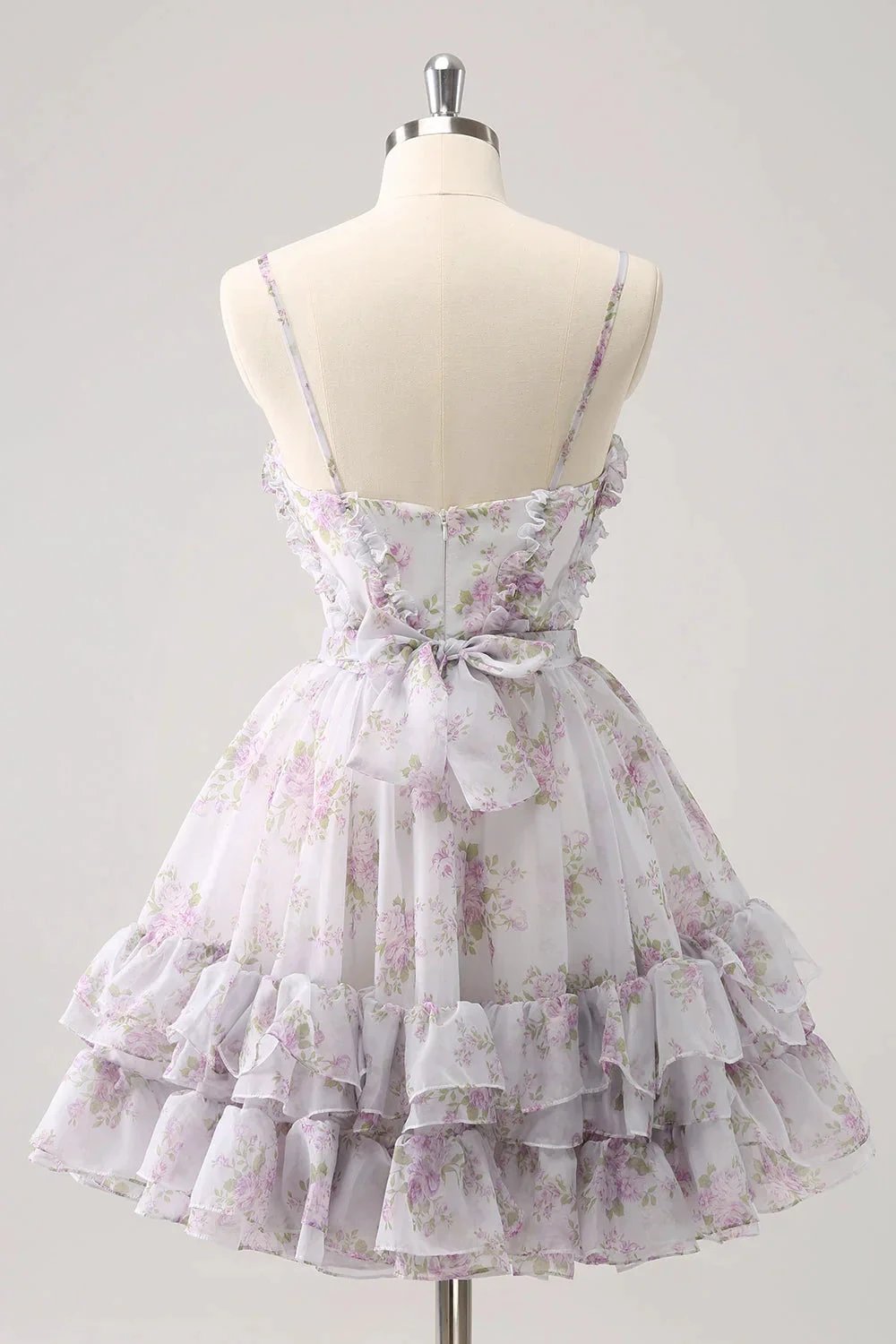 Cute Lilac A Line Cut Out Tiered Print Floral Homecoming Dress with Ruffles (ZD11451)