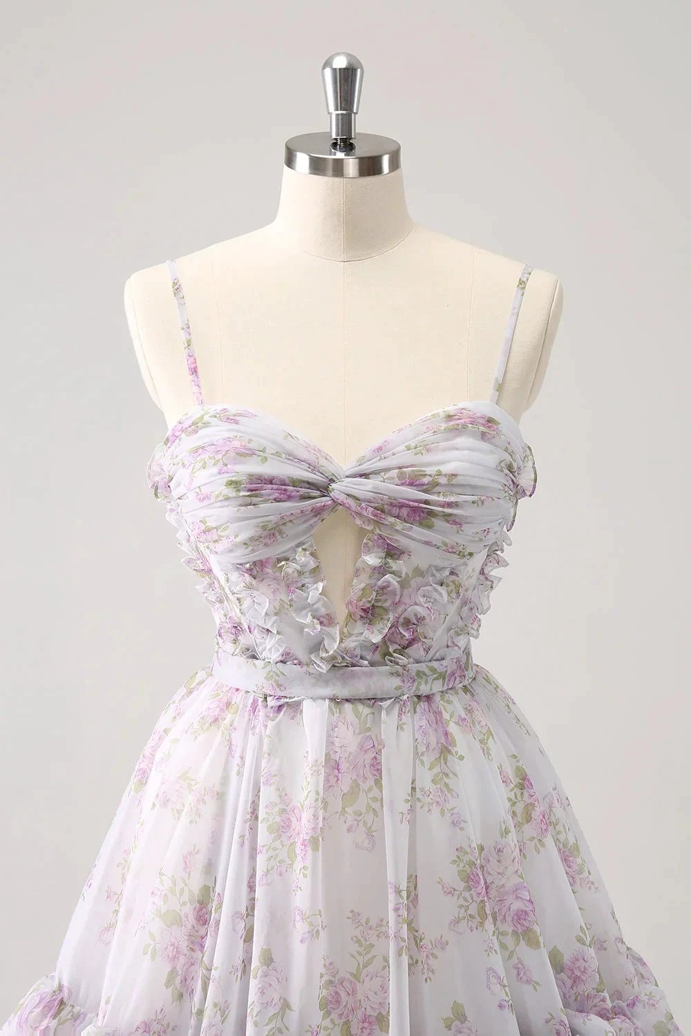 Cute Lilac A Line Cut Out Tiered Print Floral Homecoming Dress with Ruffles (ZD11451)