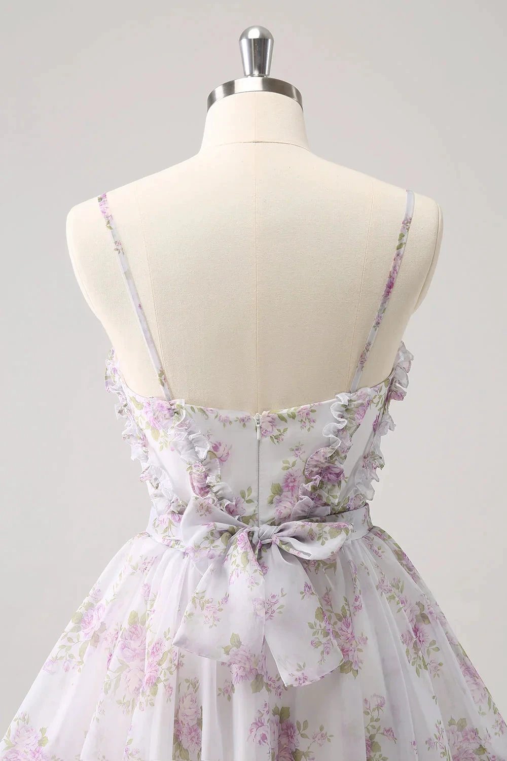 Cute Lilac A Line Cut Out Tiered Print Floral Homecoming Dress with Ruffles (ZD11451)