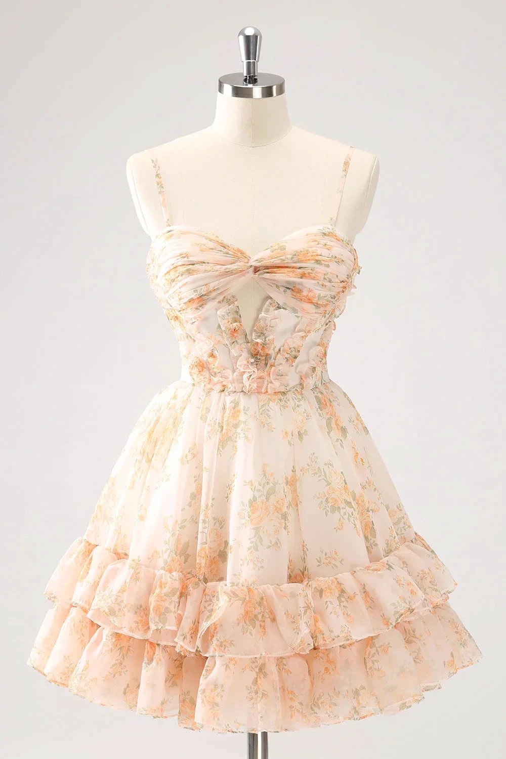 Cute Lilac A Line Cut Out Tiered Print Floral Homecoming Dress with Ruffles by WEDTREND