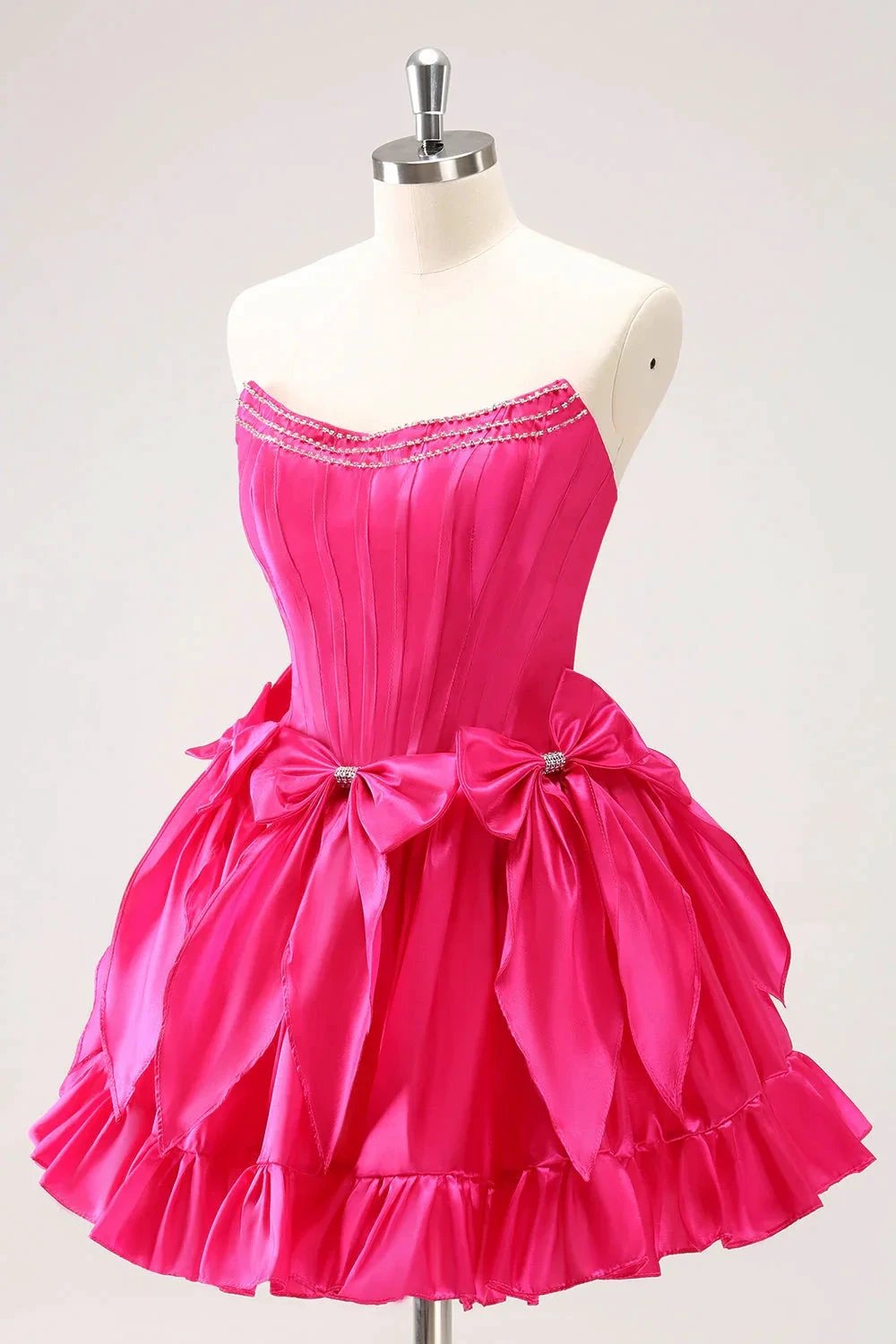 Cute Fuchsia A Line Strapless Corset Ruffle Beaded Homecoming Dress with Bows (ZD11467)