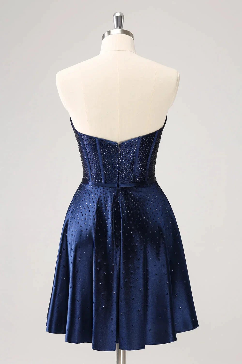 Cute Navy A Line Strapless Hollow Out Corset Beaded Homecoming Dress with Bow (ZD11450)