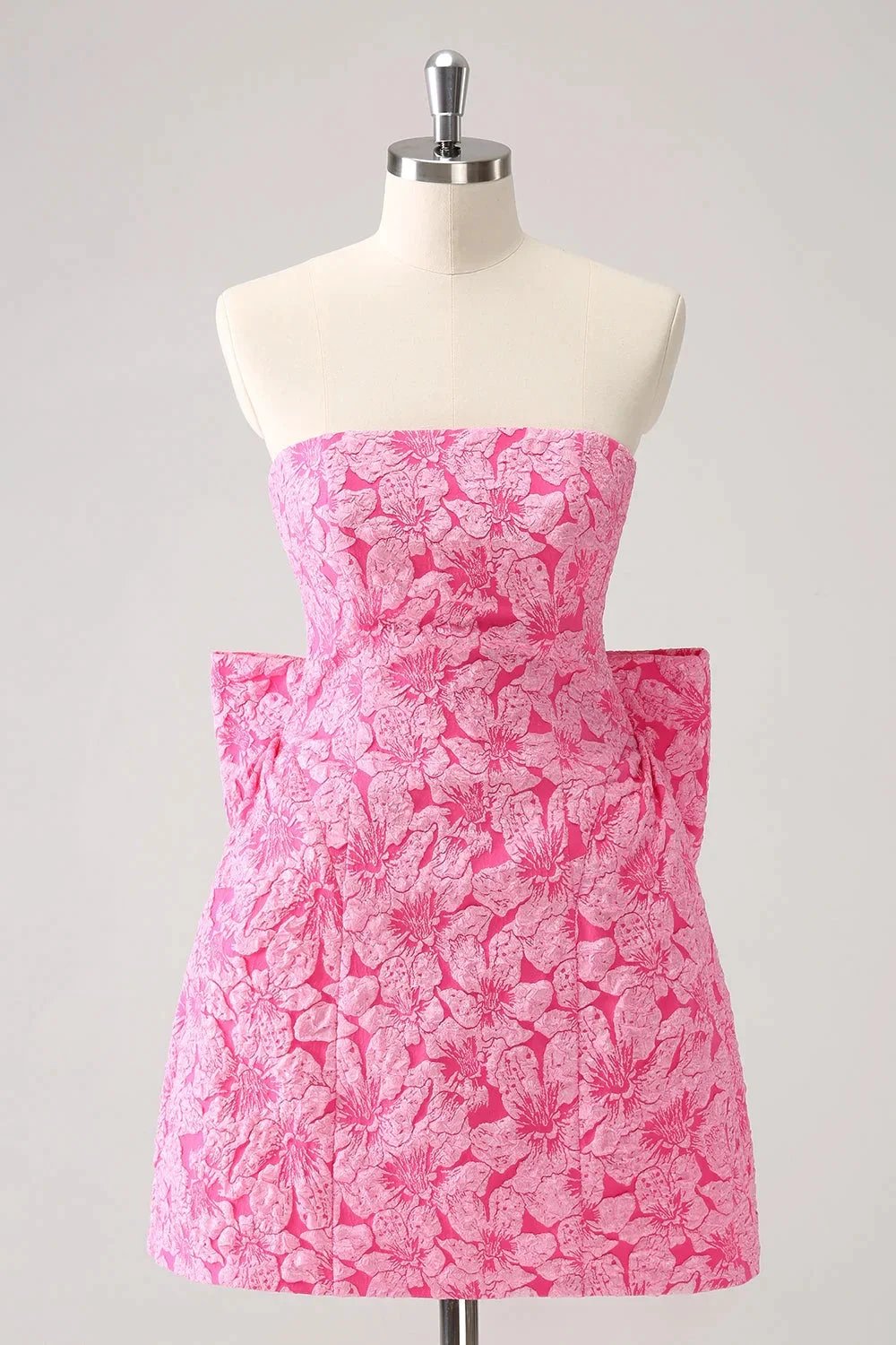 Cute Hot Pink A Line Strapless Print Short Homecoming Dress with Bow (ZD11456) - VelvetHem