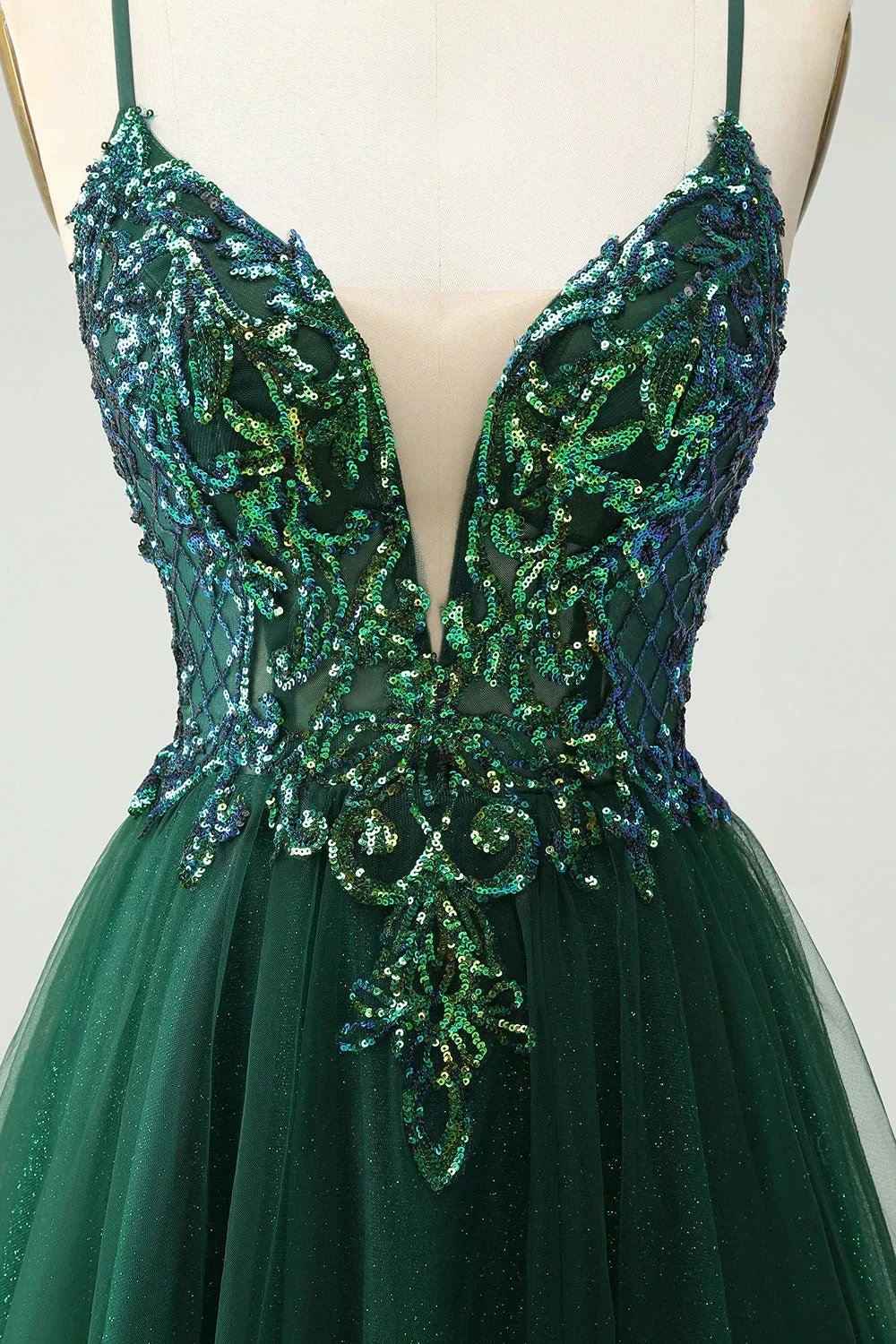 Cute Dark Green A Line V Neck Sequin Short Homecoming Dress with Appliques (ZD11470)