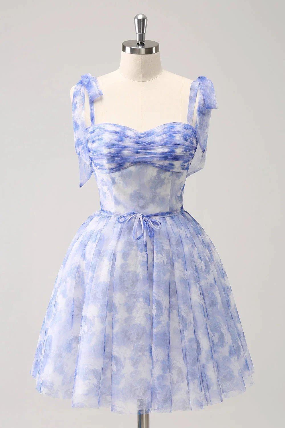 Cute Blue A Line Spaghetti Straps Pleated Short Homecoming Dress With Lace Up Back by WEDTREND