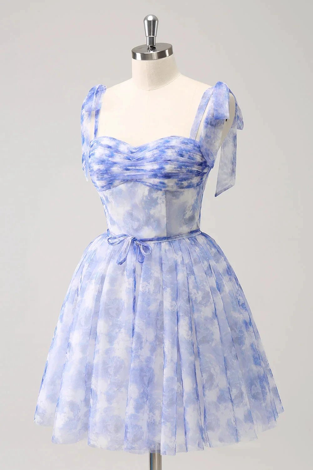 Cute Blue A Line Spaghetti Straps Pleated Short Homecoming Dress With Lace Up Back (ZD11479)