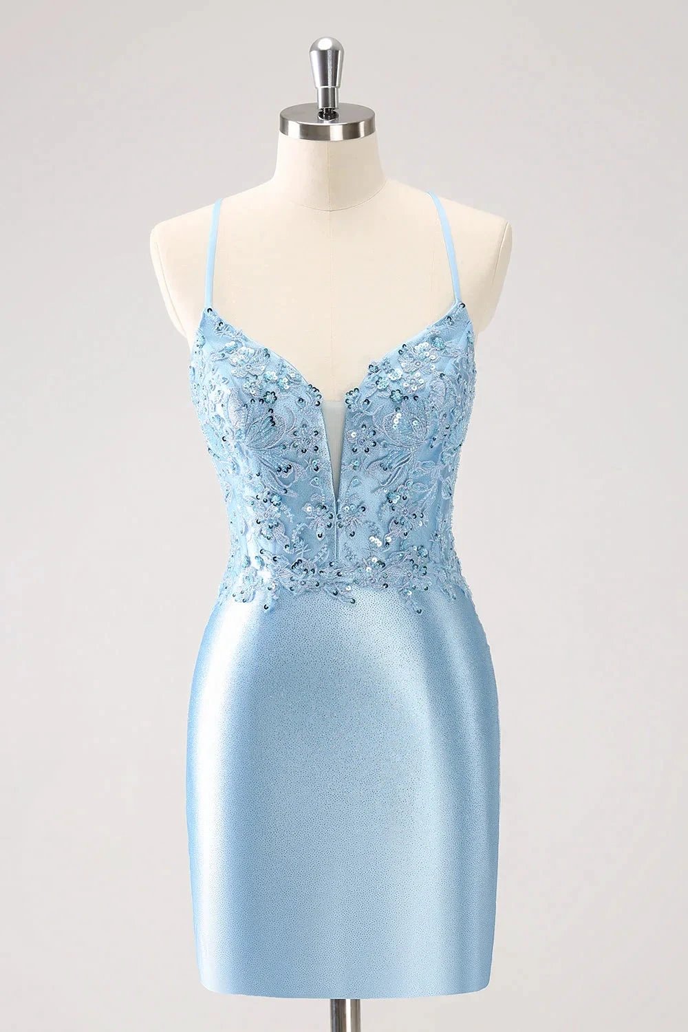 Blue Bodycon Lace Up Back Sequin Short Homecoming Dress with Appliques (ZD11553) - VelvetHem