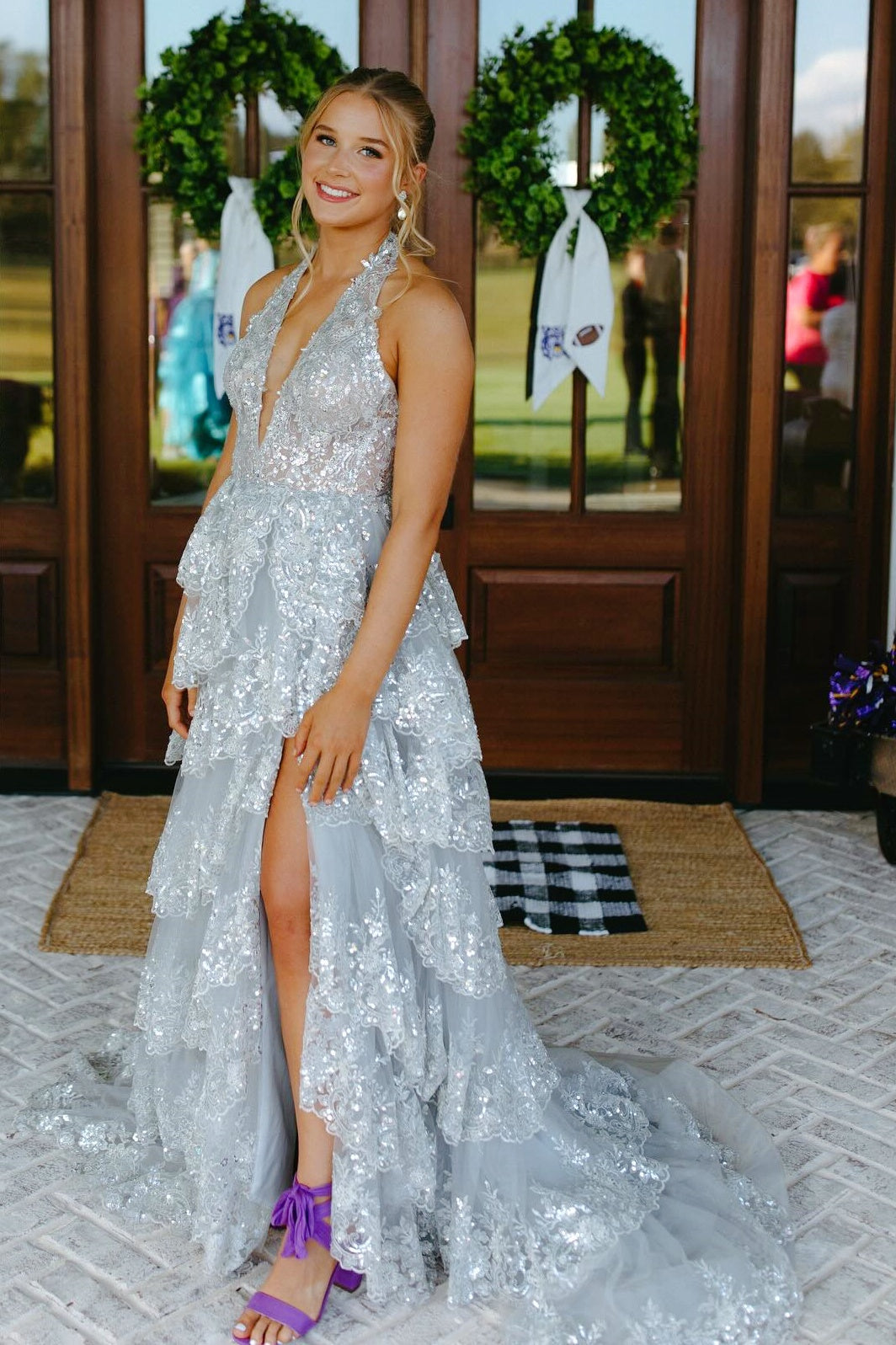 Light Gray Halter V-Neck A-Line Ruffled Prom Dress