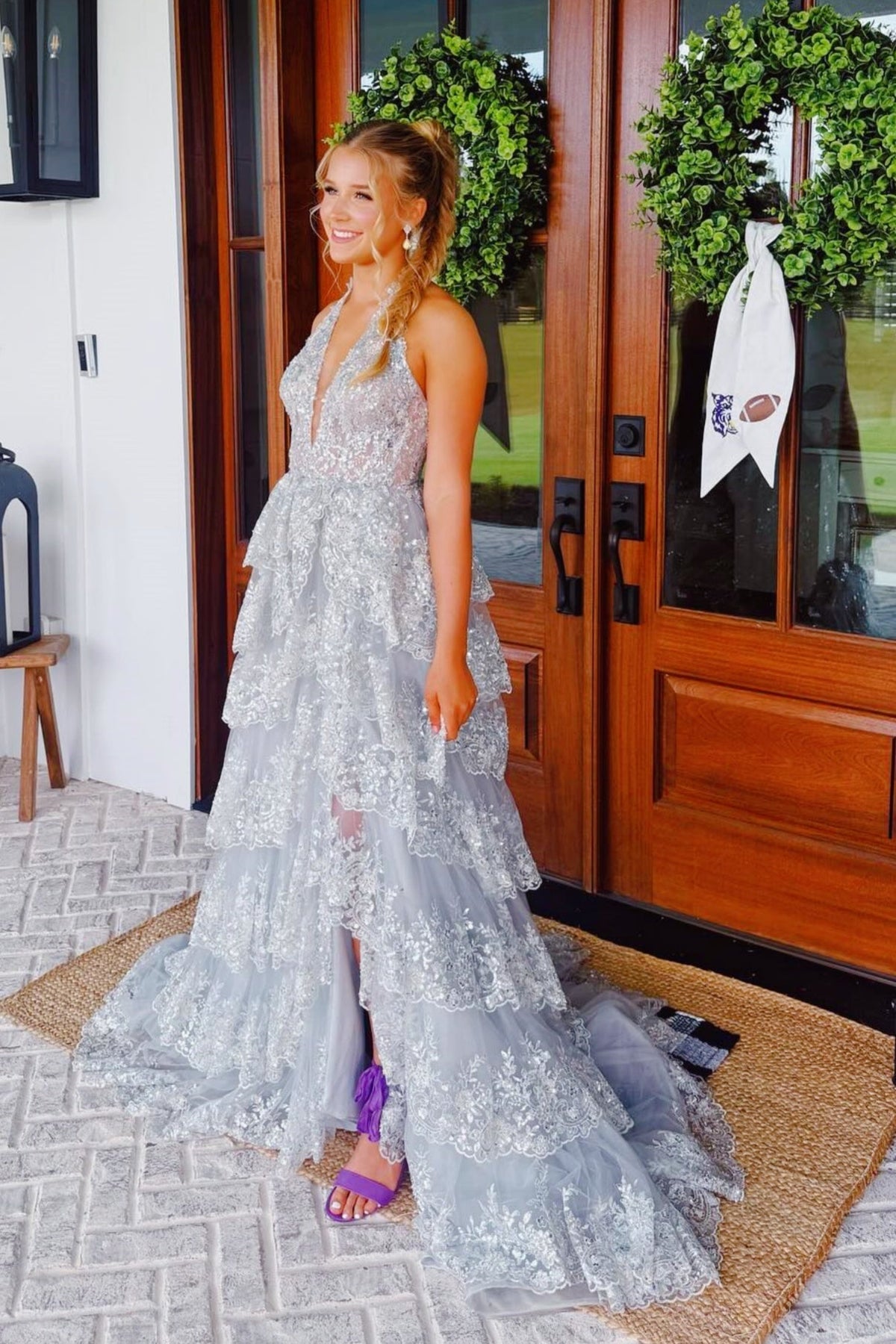 Light Gray Halter V-Neck A-Line Ruffled Prom Dress