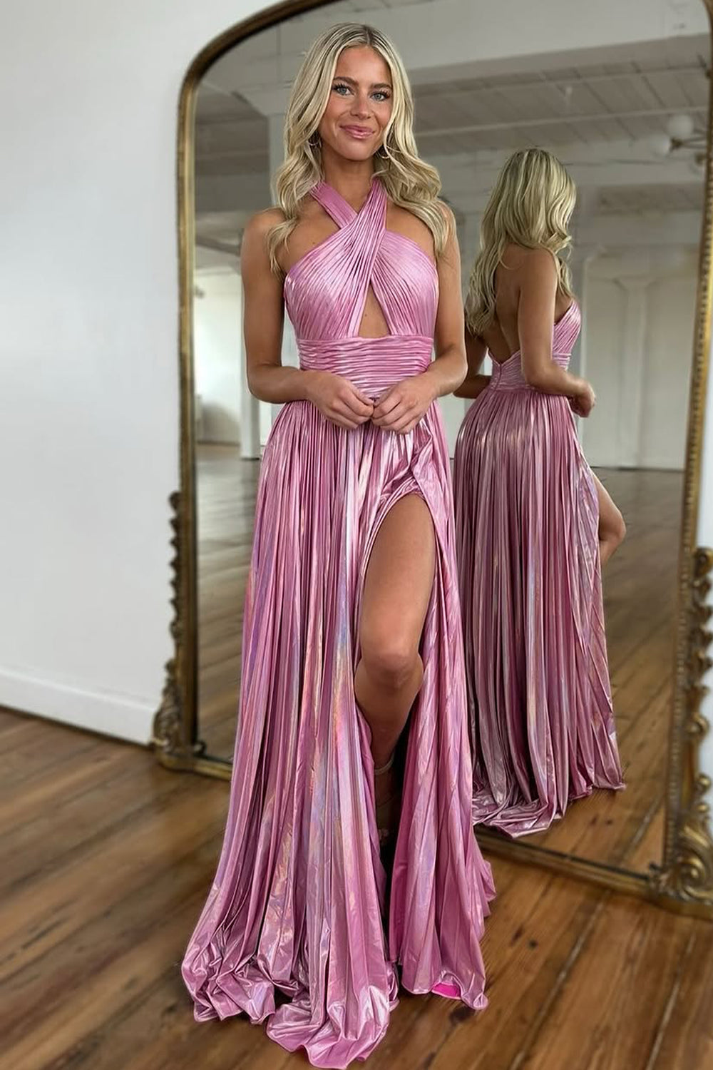 Peacock Blue Halter Neck A-Line Long Metallic Prom Dress With Slit - View 2 | VelvetHem