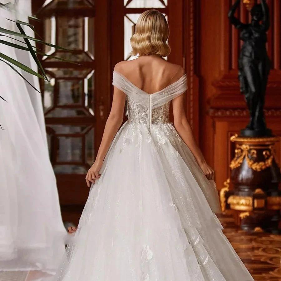 V-neck Sexy Romantic Wedding Dress 2023 A-line Floor-length Charming Off The Shoulder Beaded Appliques Bridal (ZD13358)