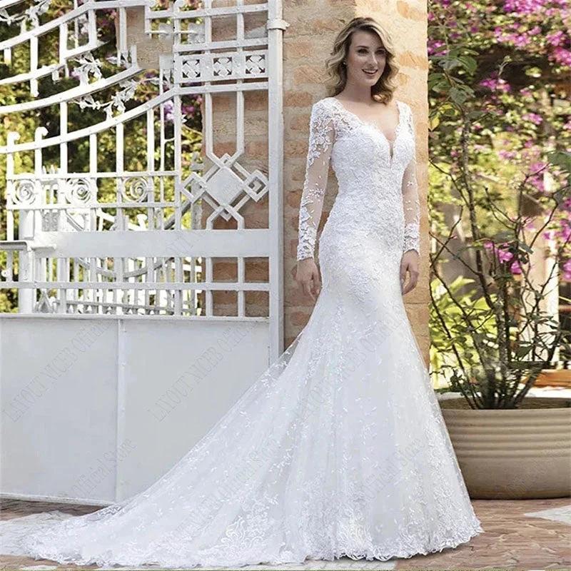 V Neck Wedding Dresses Mermaid Appliques Long Sleeves Bridal Dress Vestidos De Noiva Mariage Custom Made Vintage (ZD13462)