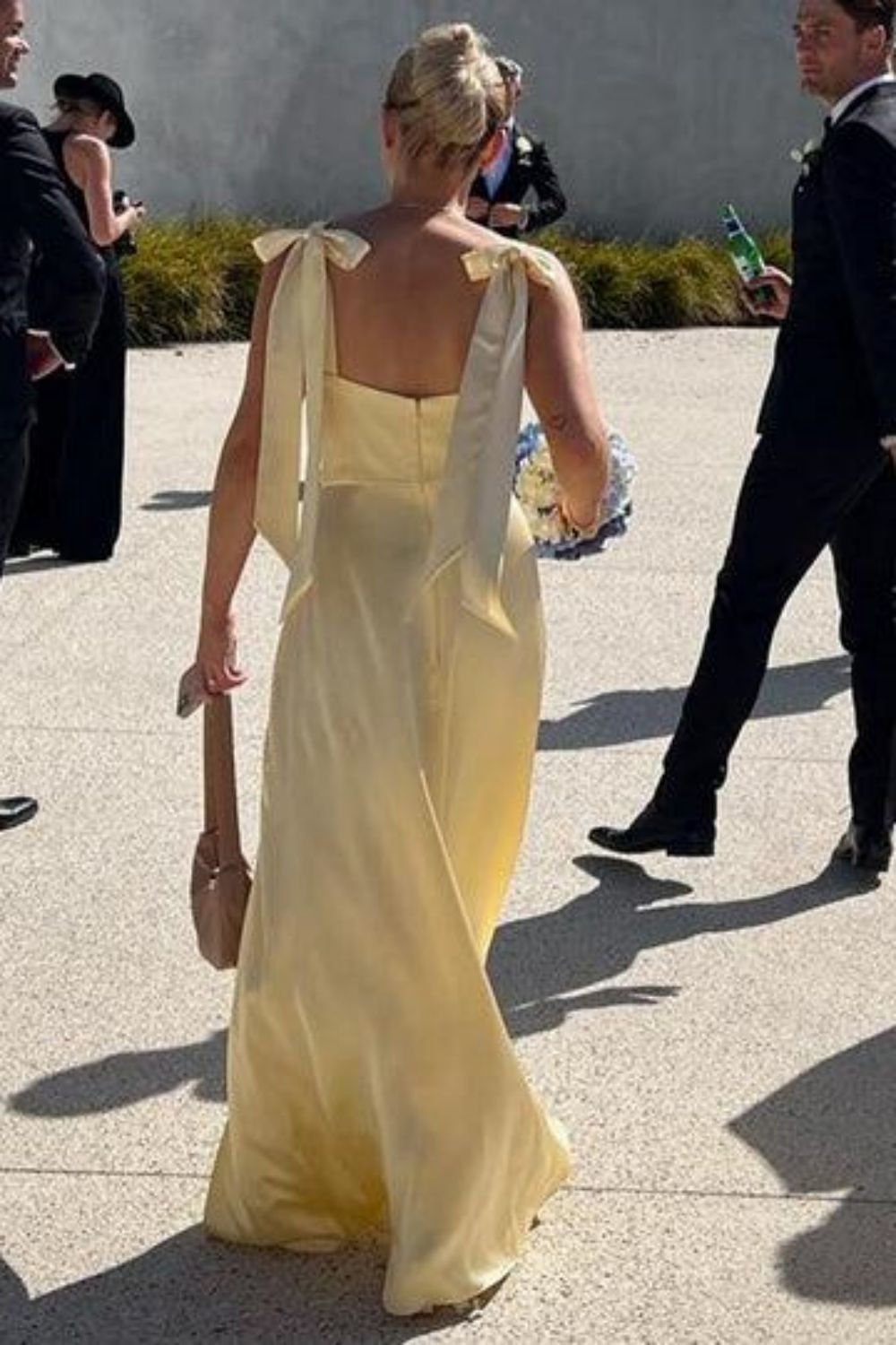 Simple Sheath Spaghetti Straps Yellow Long Bridesmaid Dress with Split Front - View 2 | VelvetHem