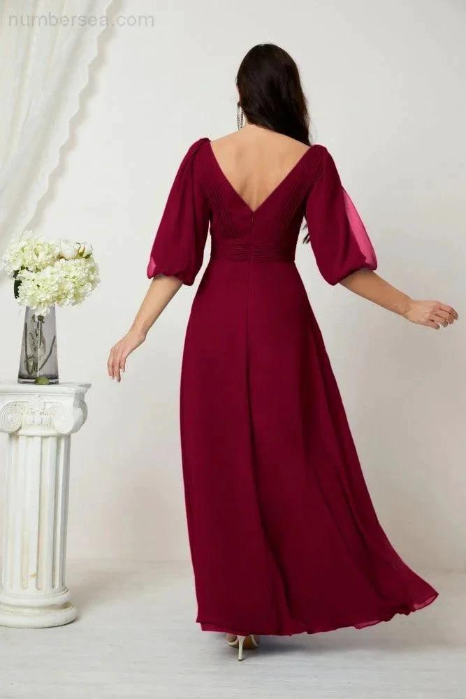 ZapDress  Formal Prom Gown Women V-Neck Chiffon Bridesmaid Dresses Long Bishop Sleeve Party Dress 2807 (ZD17027)