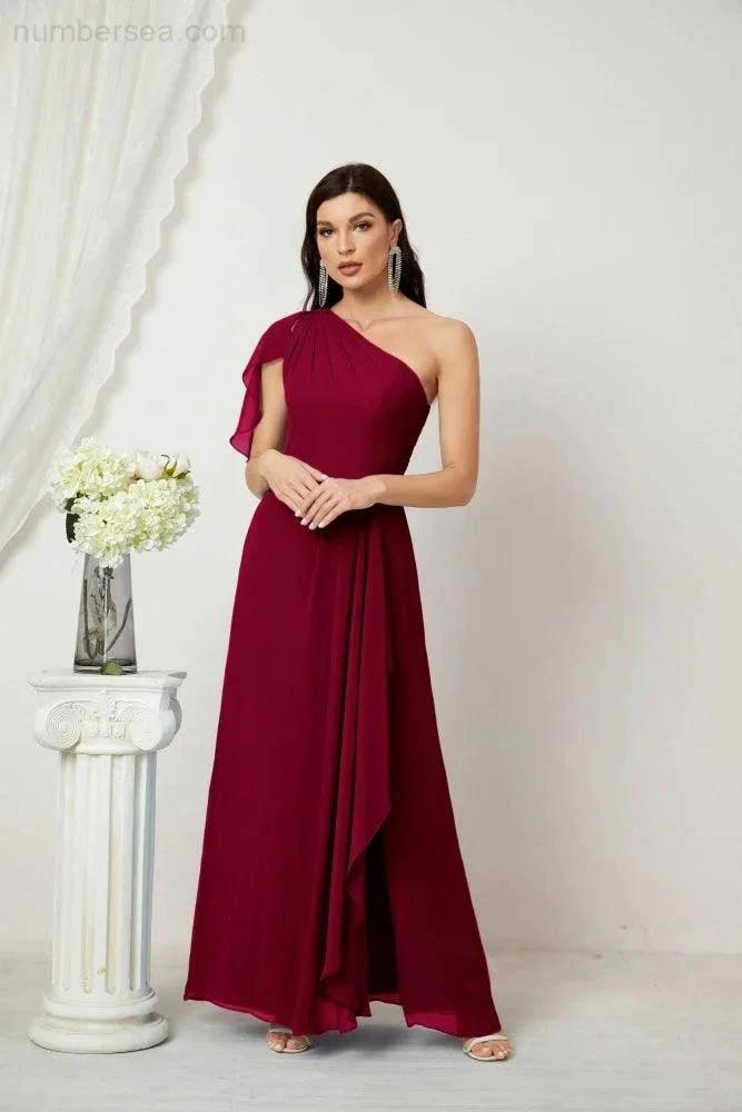 ZapDress  Chiffon Ruffled One Shoulder Long Bridesmaid Dresses A-line Formal Evening Gown Side Split 2809 (ZD17049)