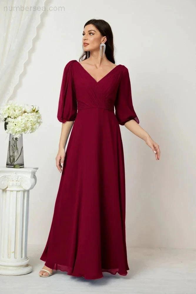 ZapDress  Formal Prom Gown Women V-Neck Chiffon Bridesmaid Dresses Long Bishop Sleeve Party Dress 2807 (ZD17027)
