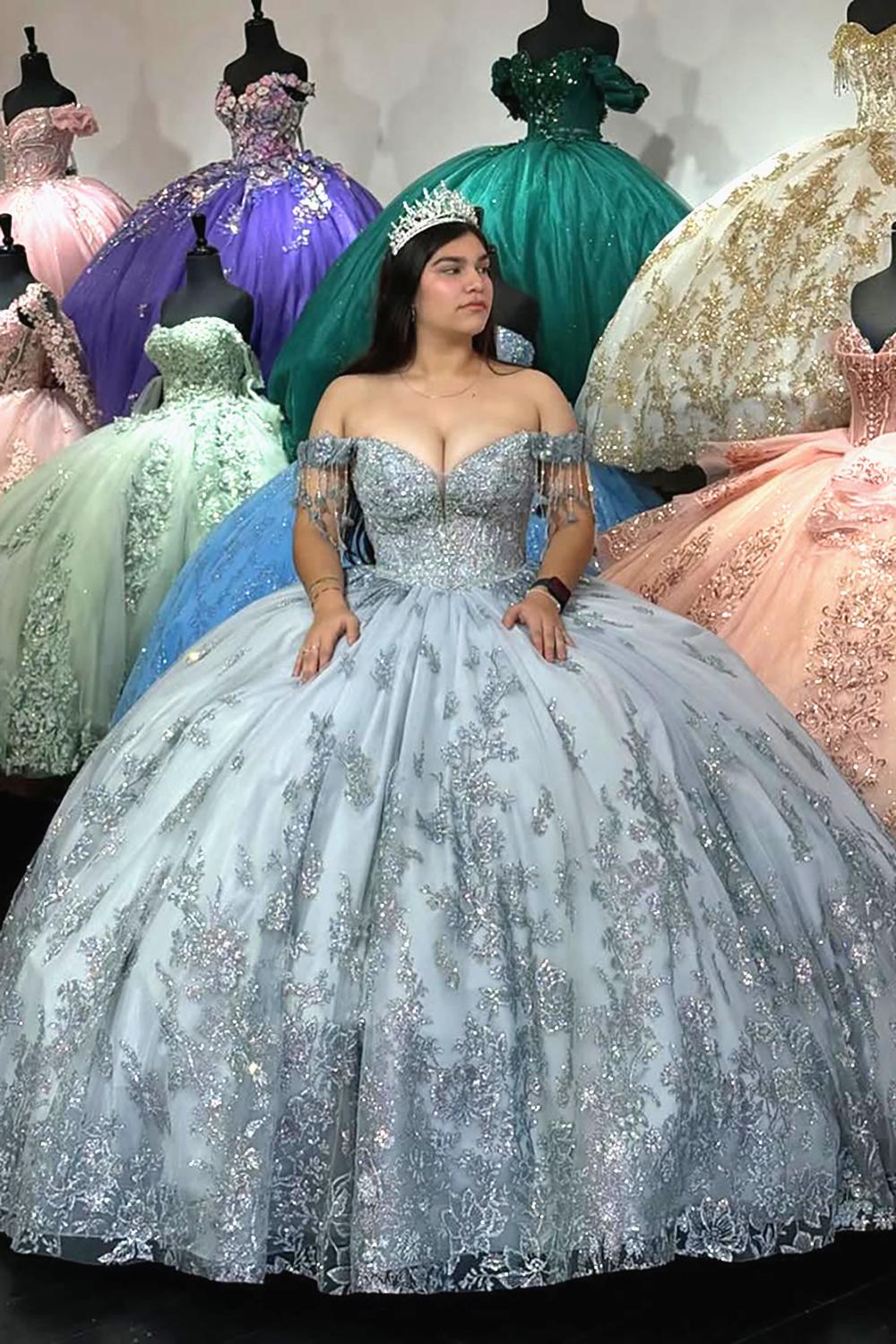 Sparkly Silver Ball Gown Off the Shoulder Sequins Applique Quinceanera Dress with Fringe - VelvetHem