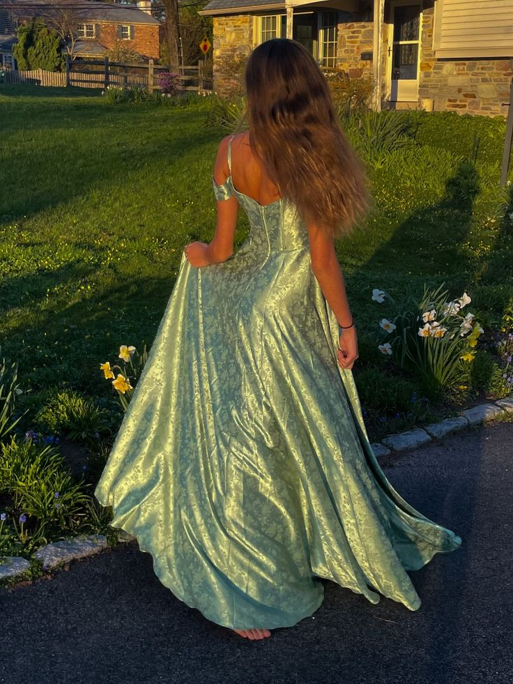 Pretty Green Spaghetti Straps Off The Shoulder Satin Print Floral A Line Prom Dress Long Party Gown - View 2 | VelvetHem