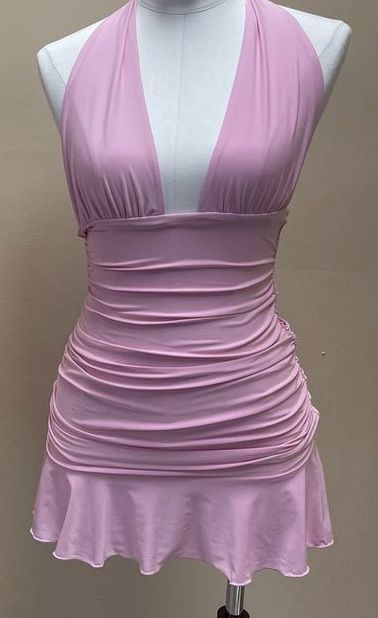 Pink Halter Deep V Neck Homecoming Dress Y2594 - VelvetHem