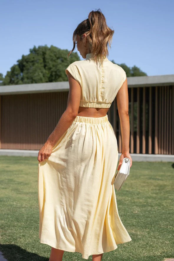 Rafaela Effortless Holiday Midi Dress with Cut Out Waist and Pockets Chic Silhouette Collection