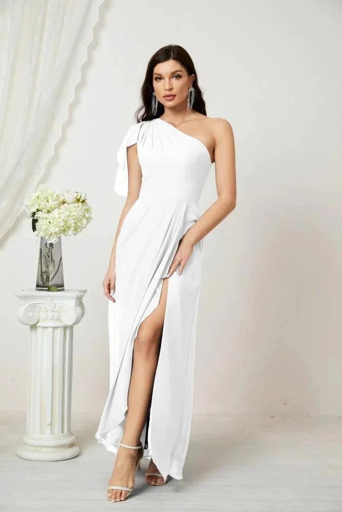 Numbersea Chiffon Ruffled One Shoulder Long Bridesmaid Dresses A-line Formal Evening Gown Side Split 2809 by numbersea