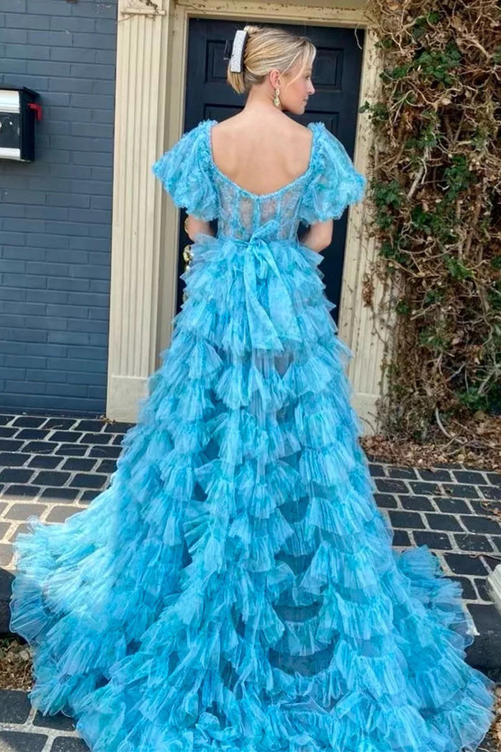 Charming A Line Sweetheart Blue Corset Prom Dress with Short Sleeves - View 2 | VelvetHem