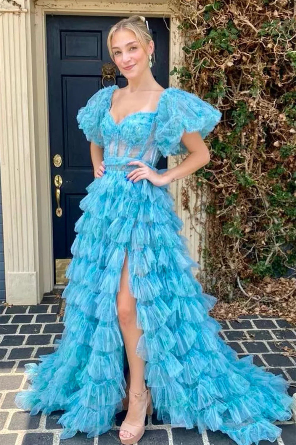 Charming A Line Sweetheart Blue Corset Prom Dress with Short Sleeves - VelvetHem