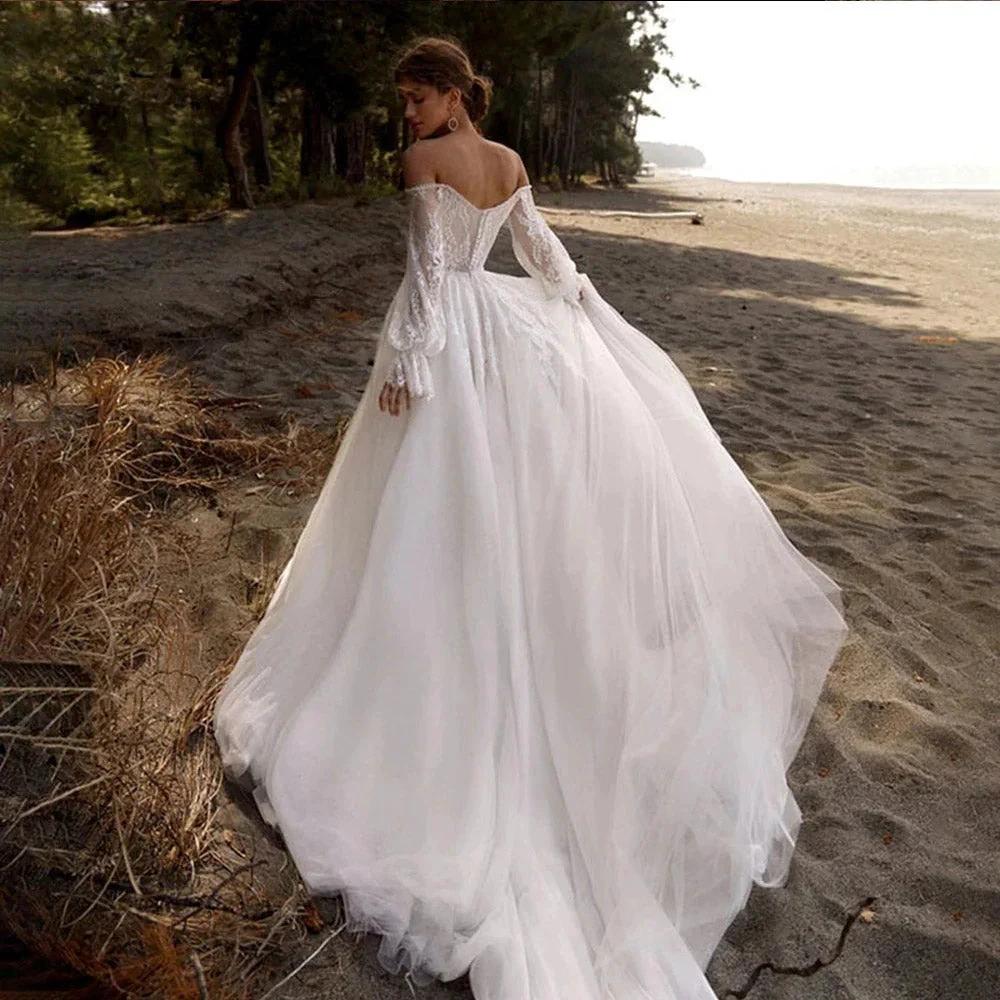 Off The Shoulder Wedding Dress Lace Applique Sweetheart Bridal Gown Puff Long Sleeves Vestido De Novia (ZD13498)
