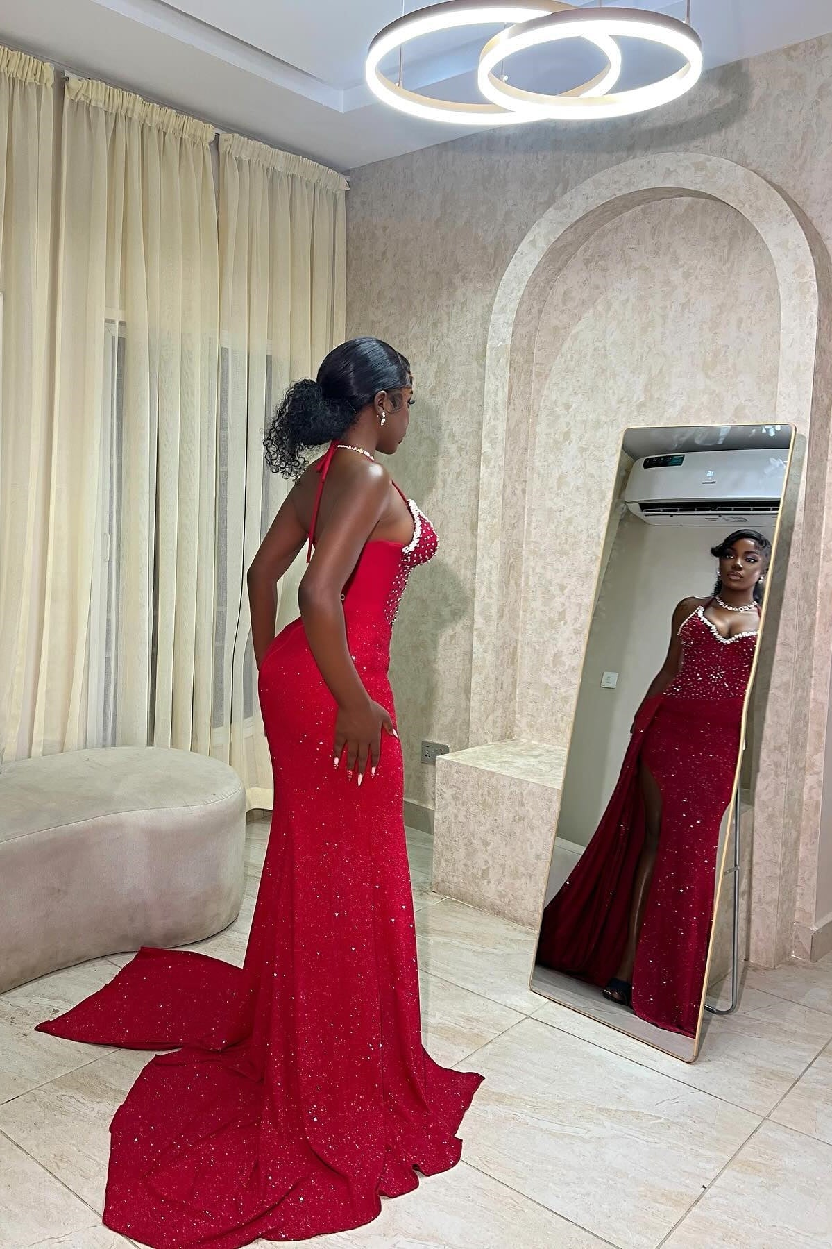 Hot Mermaid Spaghetti Straps Red Long Party Dress with Beading - View 2 | VelvetHem