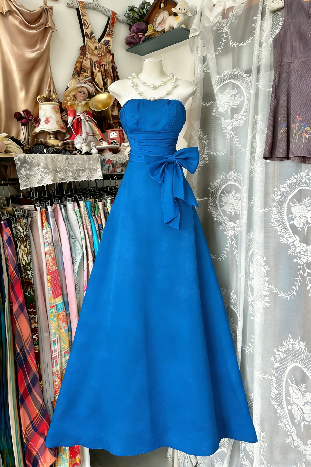 Elegant Navy Blue Strapless Satin Bow A Line Long Wedding Guest Dress Party Dress - View 9 | VelvetHem