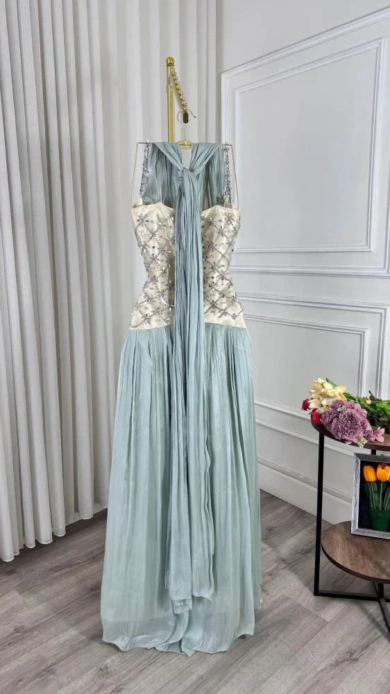 Elegant Light Blue A-line Rhinestone Deep V Halter Neck Chiffon Long Prom Dress Evening Dress