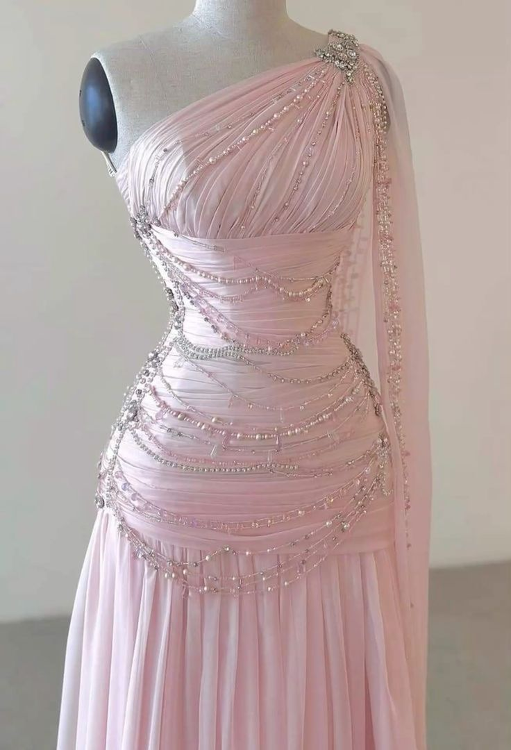 Vintage One Shoulder Pink Beaded A Line Chiffon Evening Dress Elegant Prom Dress
